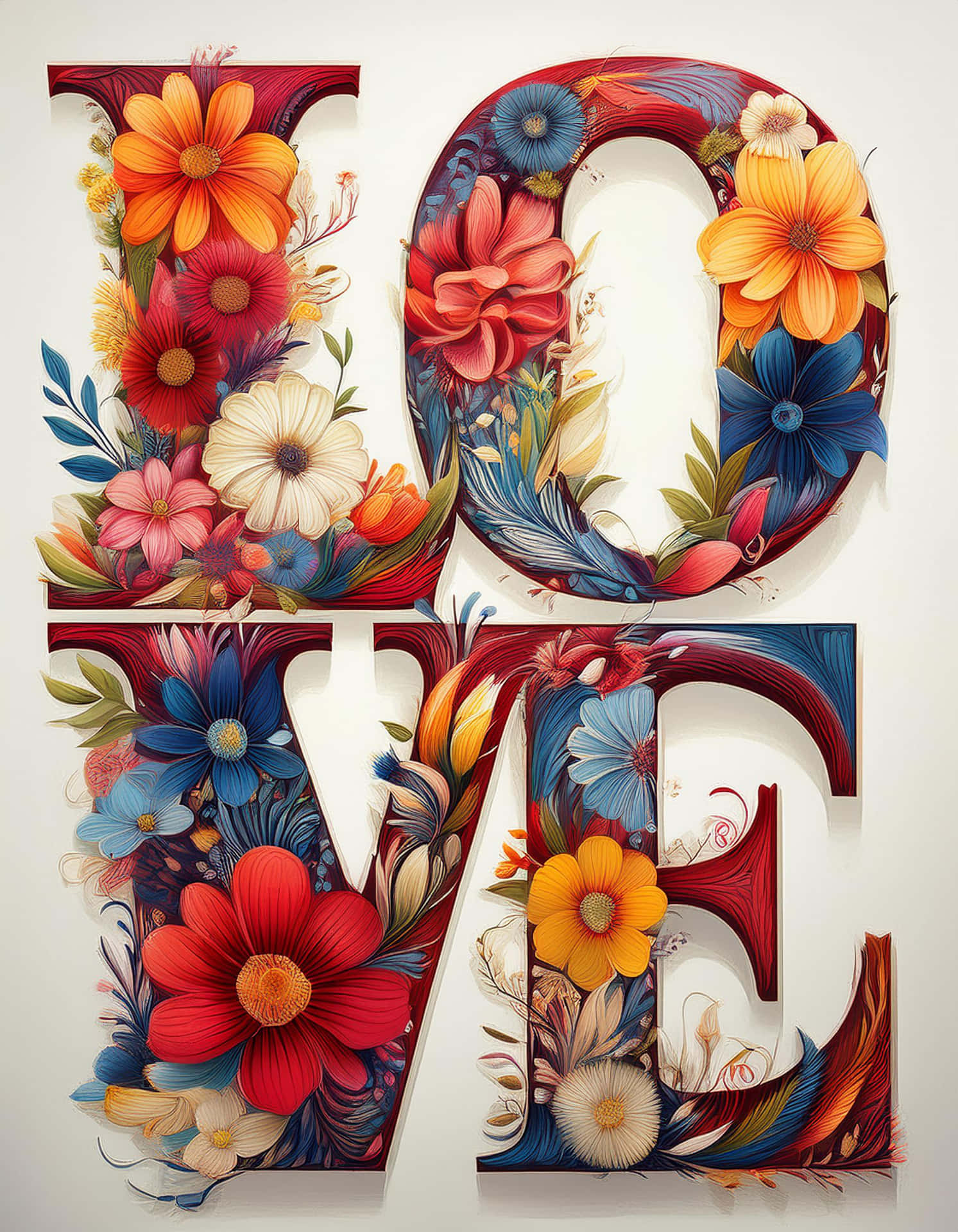 Colorful Love Typography with Flowers 壁紙 — 「LOVE」一詞以粗體字呈現，並以鮮豔的紅色、橙色、藍色和白色花朵及葉子精緻裝飾，背景為素色。