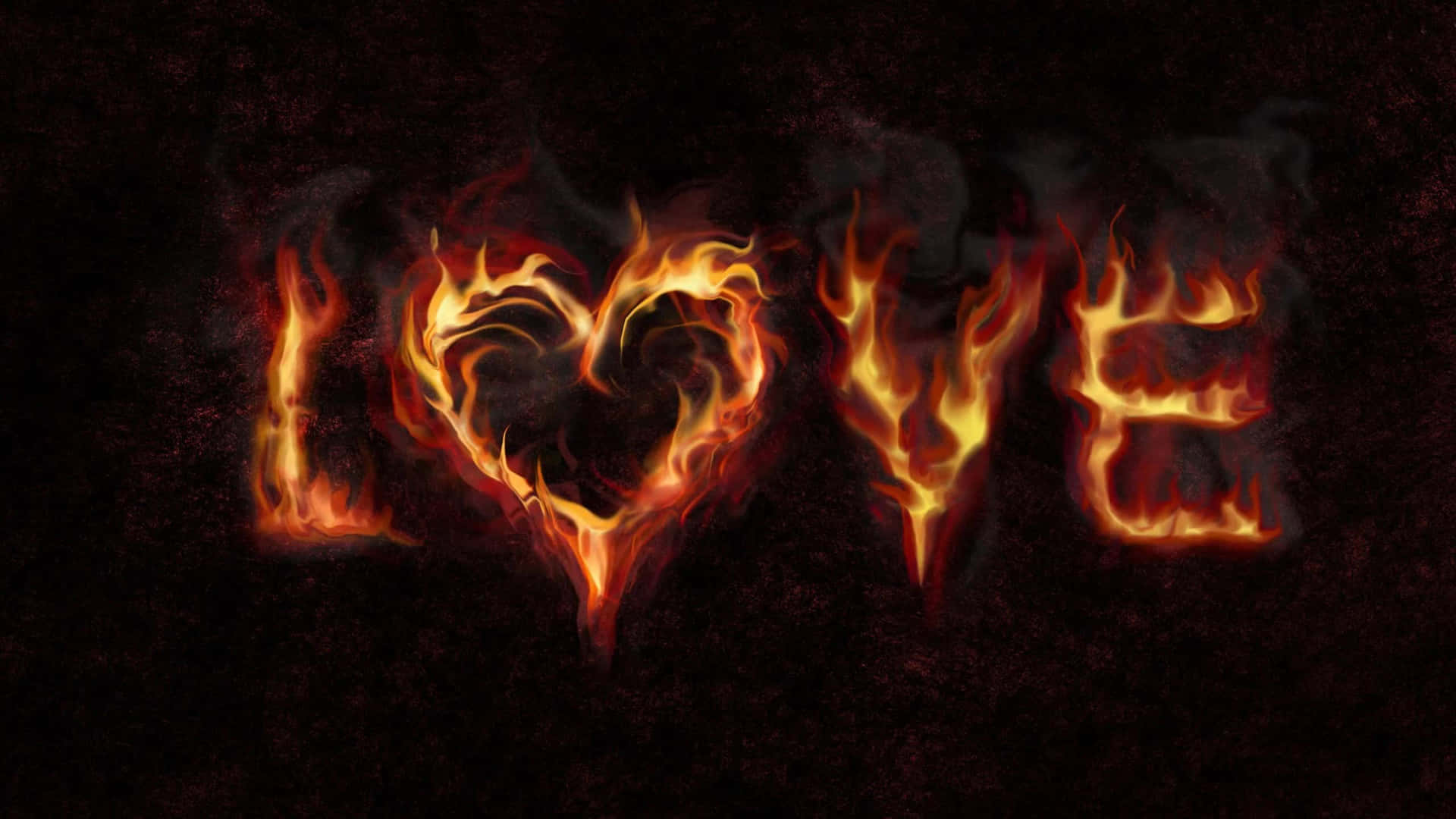 Dark Love 桌布 壁紙 — 「LOVE」一詞在深色紋理背景上以猛烈的橙色火焰燃燒，煙霧升騰。