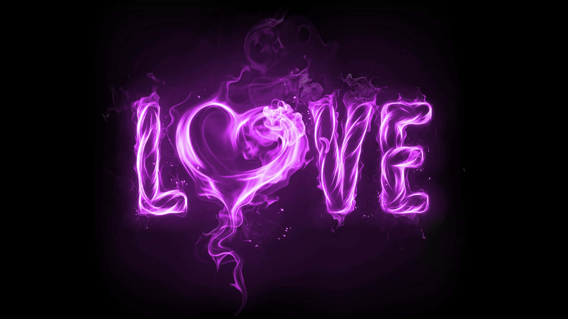 愛心 桌布 壁紙 — 「LOVE」一詞在深色背景上以充滿活力的紫色電光煙霧發光，並以心形取代了字母O。