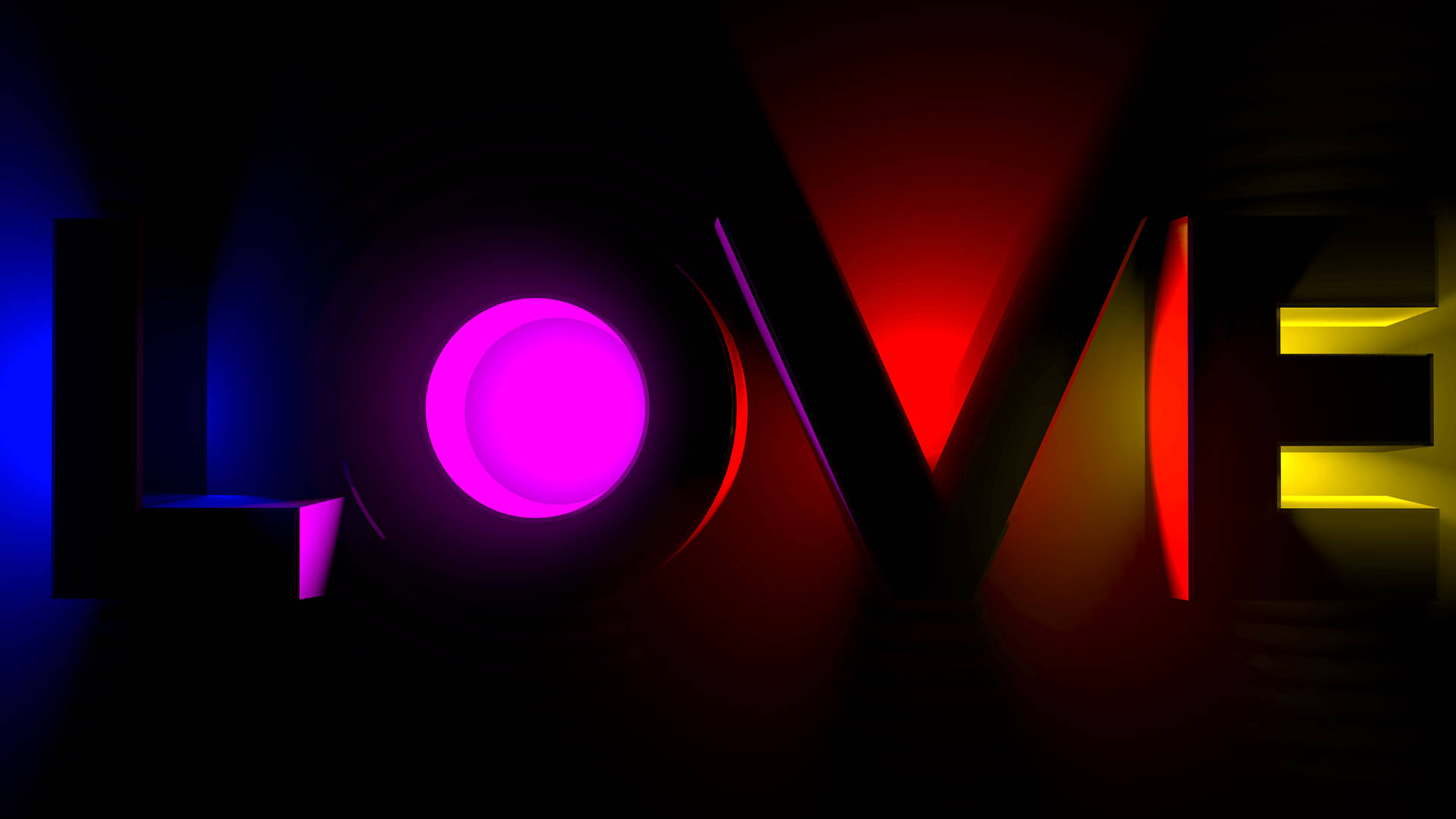 Neon Light 桌布 壁紙 — 「LOVE」一詞在深色背景上以紫色、紅色和黃色的鮮豔霓虹燈光發光。
