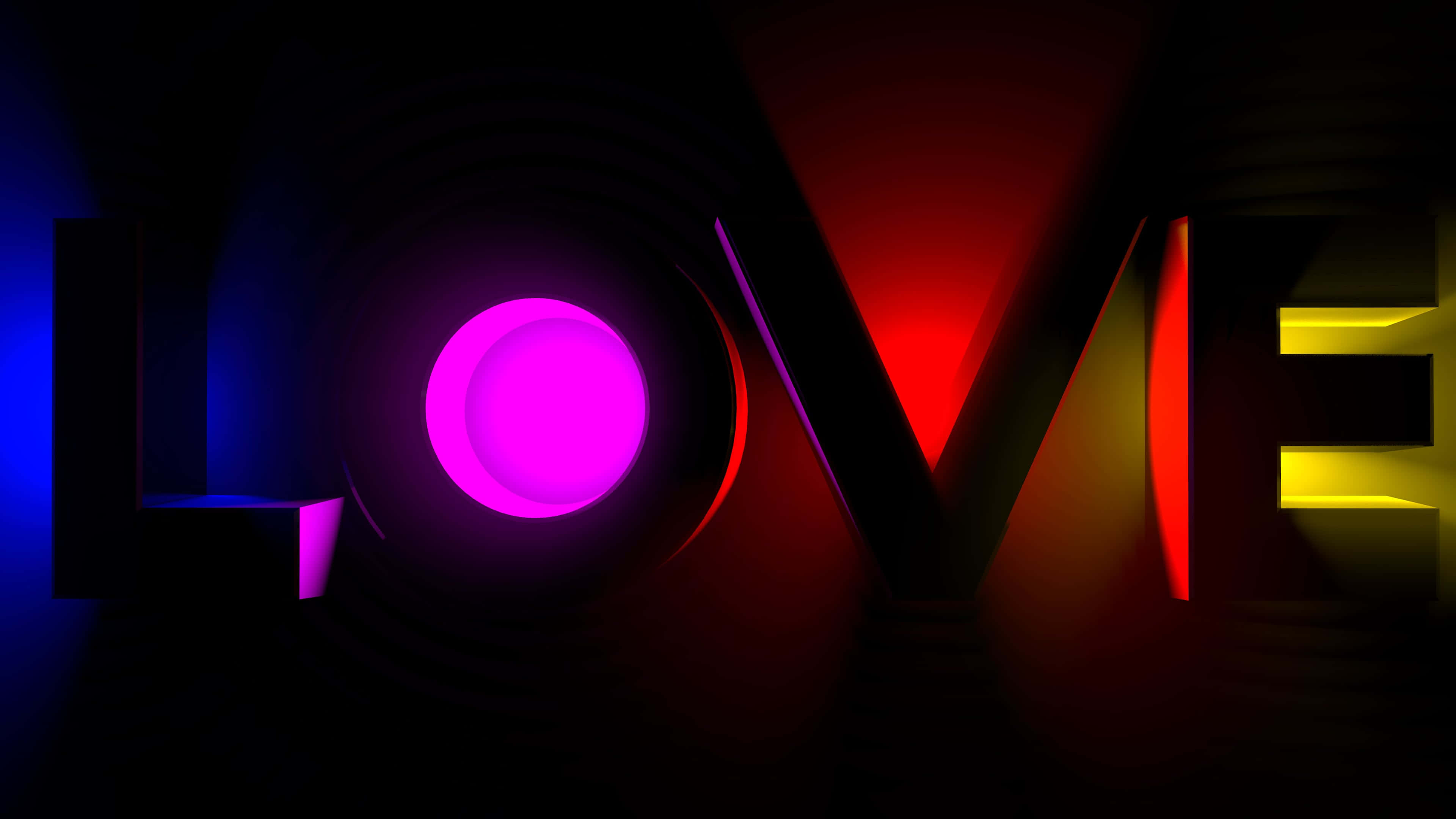 4K Love 桌布 壁紙 — 「LOVE」一詞在深色背景上散發出鮮豔的霓虹色彩，每個字母以紫色、紅色和黃色照亮。