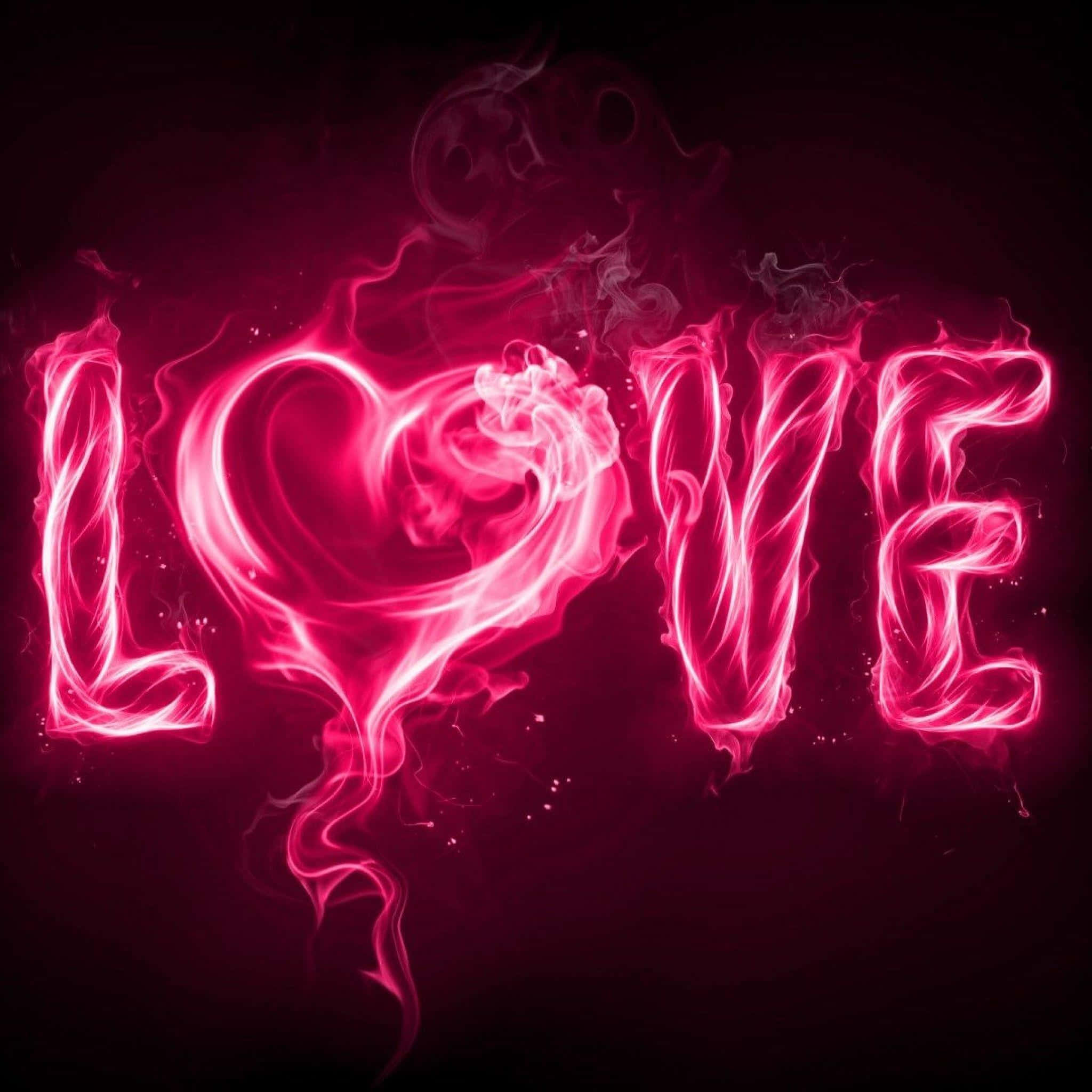 Pink Black 桌布 壁紙 — 「LOVE」一詞在黑暗背景中散發著鮮豔的粉紅色煙霧，帶有漩渦狀煙霧和一個心形取代了字母O。
