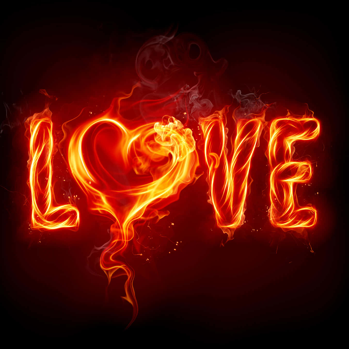由熾熱的橙色和紅色火焰形成的「LOVE」字樣，煙霧裊裊升起。 — 愛情美學動圖 壁紙