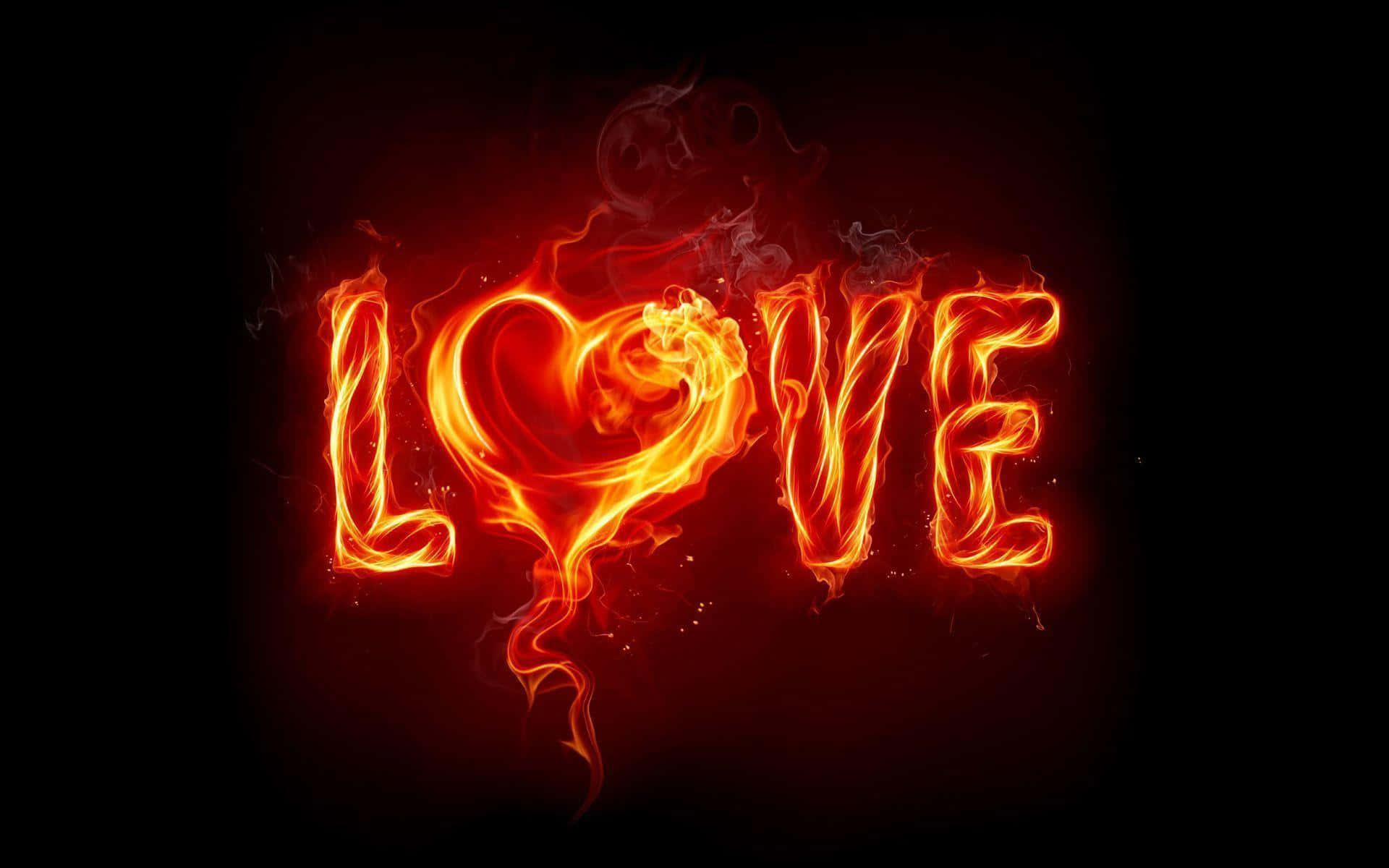 火焰動畫 桌布 壁紙 — 「LOVE」一詞在黑暗背景中燃燒著鮮豔的橙色和紅色火焰，伴隨著縷縷煙霧。