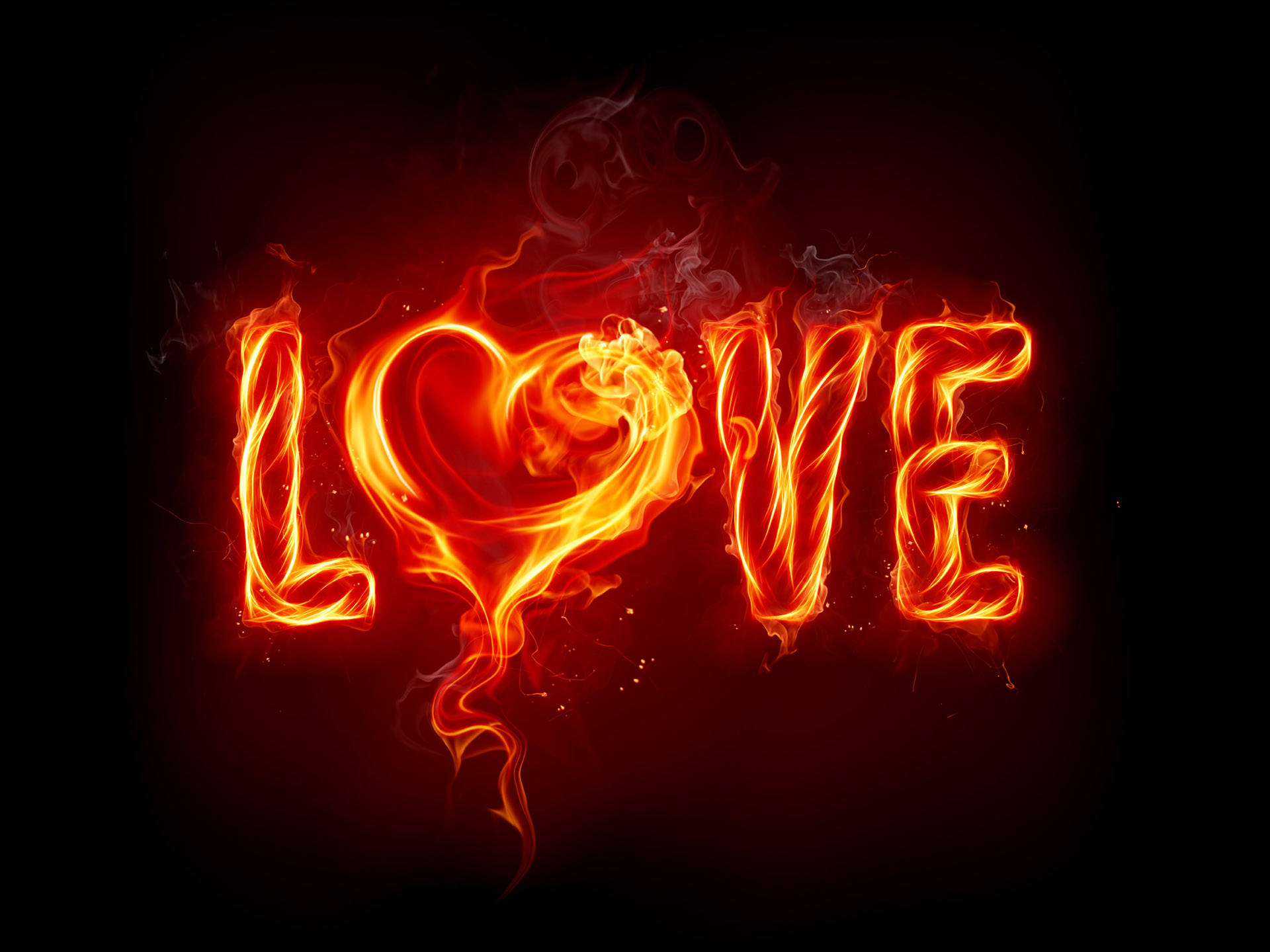 火焰動畫 桌布 壁紙 — 「LOVE」一詞在黑暗背景中燃燒著鮮豔的橙色火焰，縷縷煙霧升起。