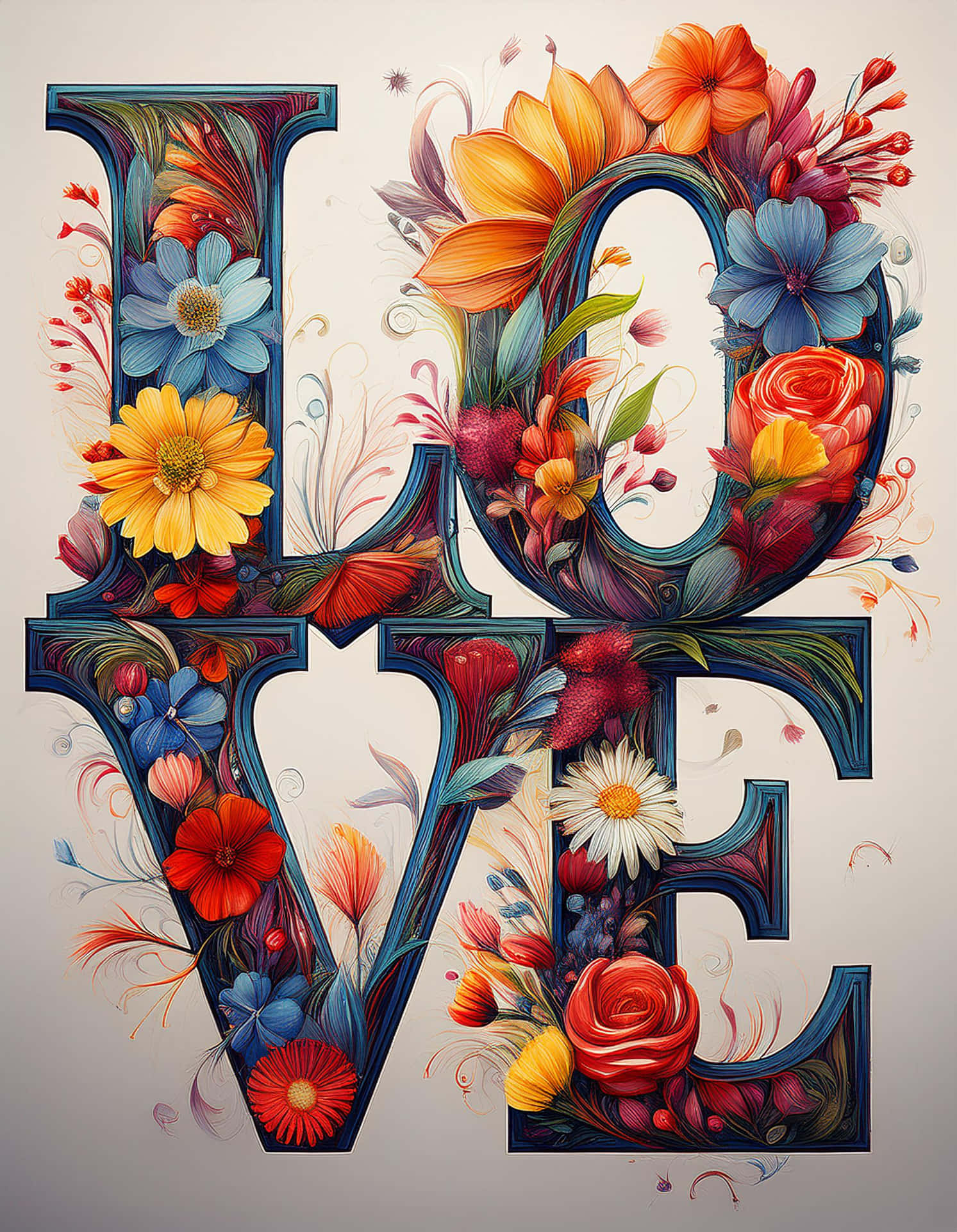 Colorful Love Typography with Flowers 壁紙 — 「LOVE」一詞由複雜的花卉設計構成，鮮豔的橙色、藍色、紅色和黃色花朵從每個字母中綻放，背景為柔和的米白色。