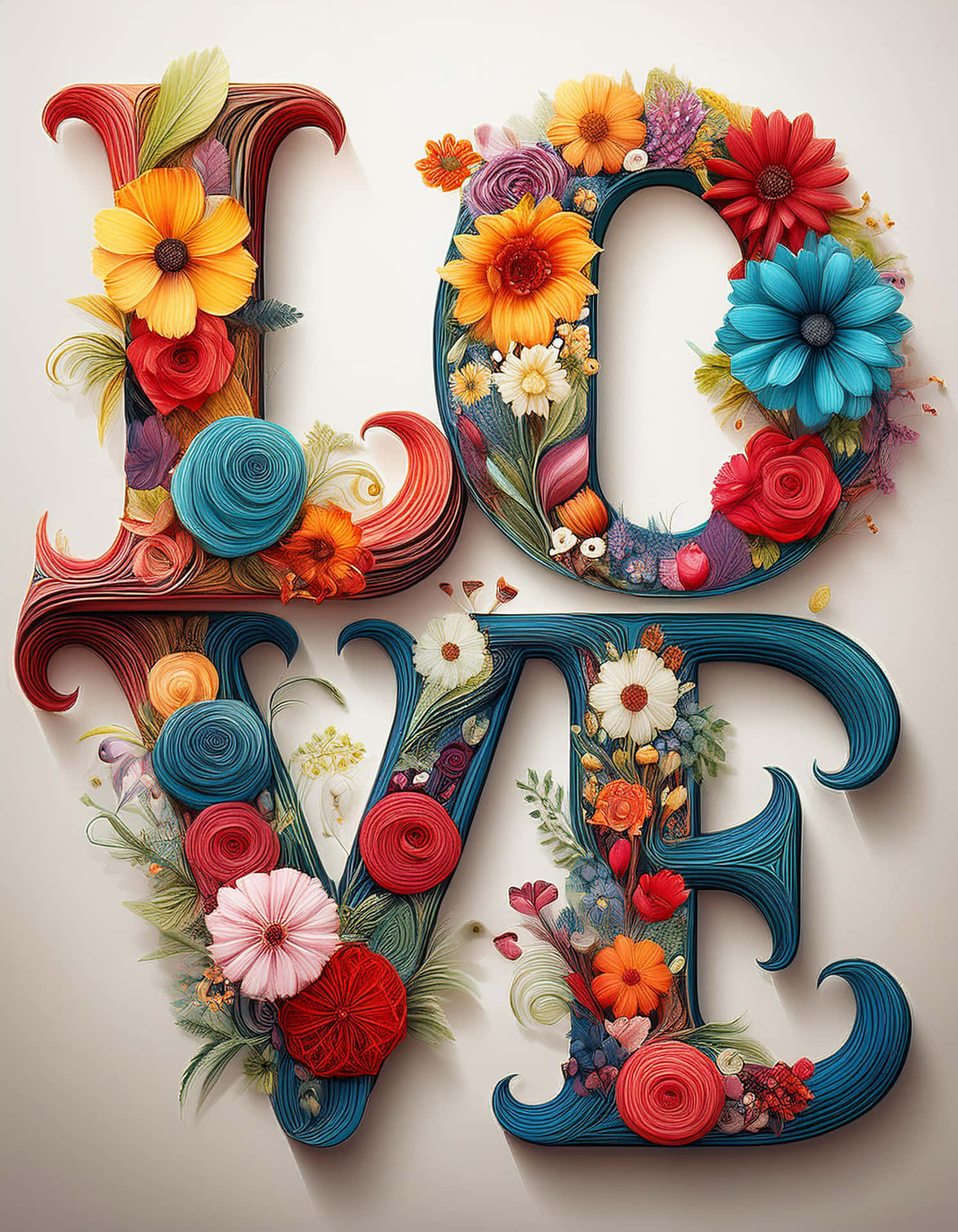 Colorful Love Typography with Flowers 壁紙 — 「LOVE」一詞由鮮豔的紙花和捲紙以鮮明的色彩在柔和的米色背景上形成。