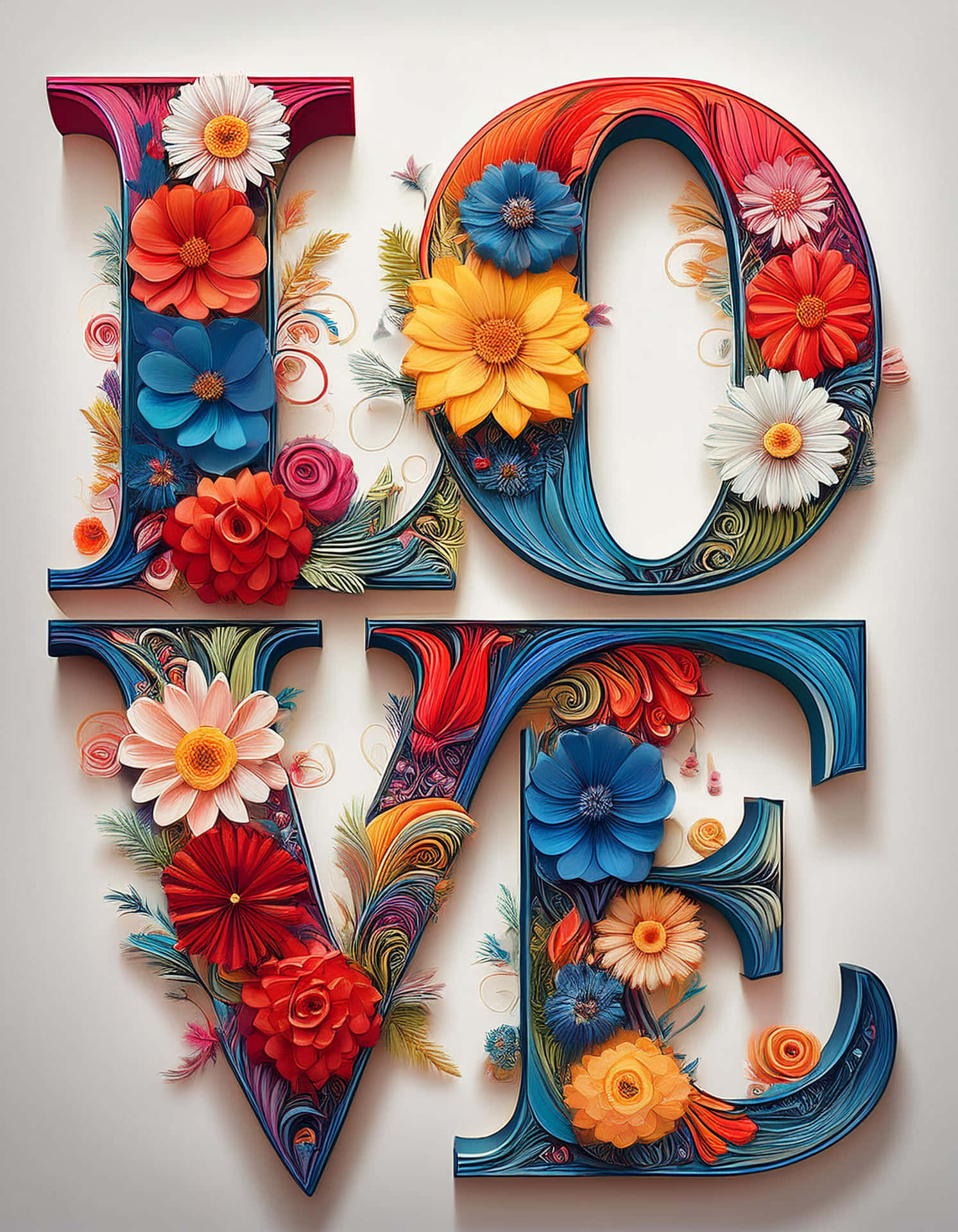 Colorful Love Typography with Flowers 壁紙 — 「LOVE」一詞由鮮豔的紙花和漩渦圖案以鮮明的紅、藍、黃、白色在柔和的米白色背景上製作而成。