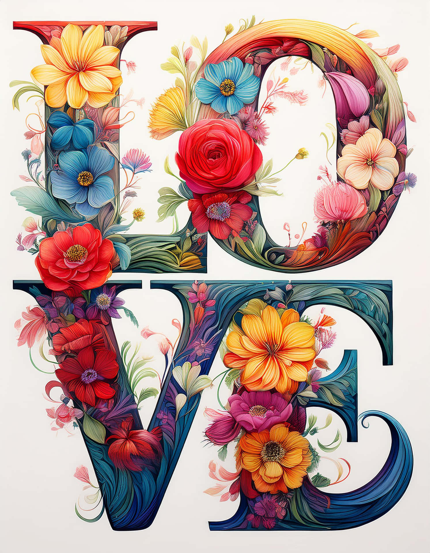 Colorful Love Typography with Flowers 壁紙 — 「love」一詞由鮮豔的花卉插圖組成，紅色、藍色、黃色和粉紅色的花朵交織成華麗的字體。