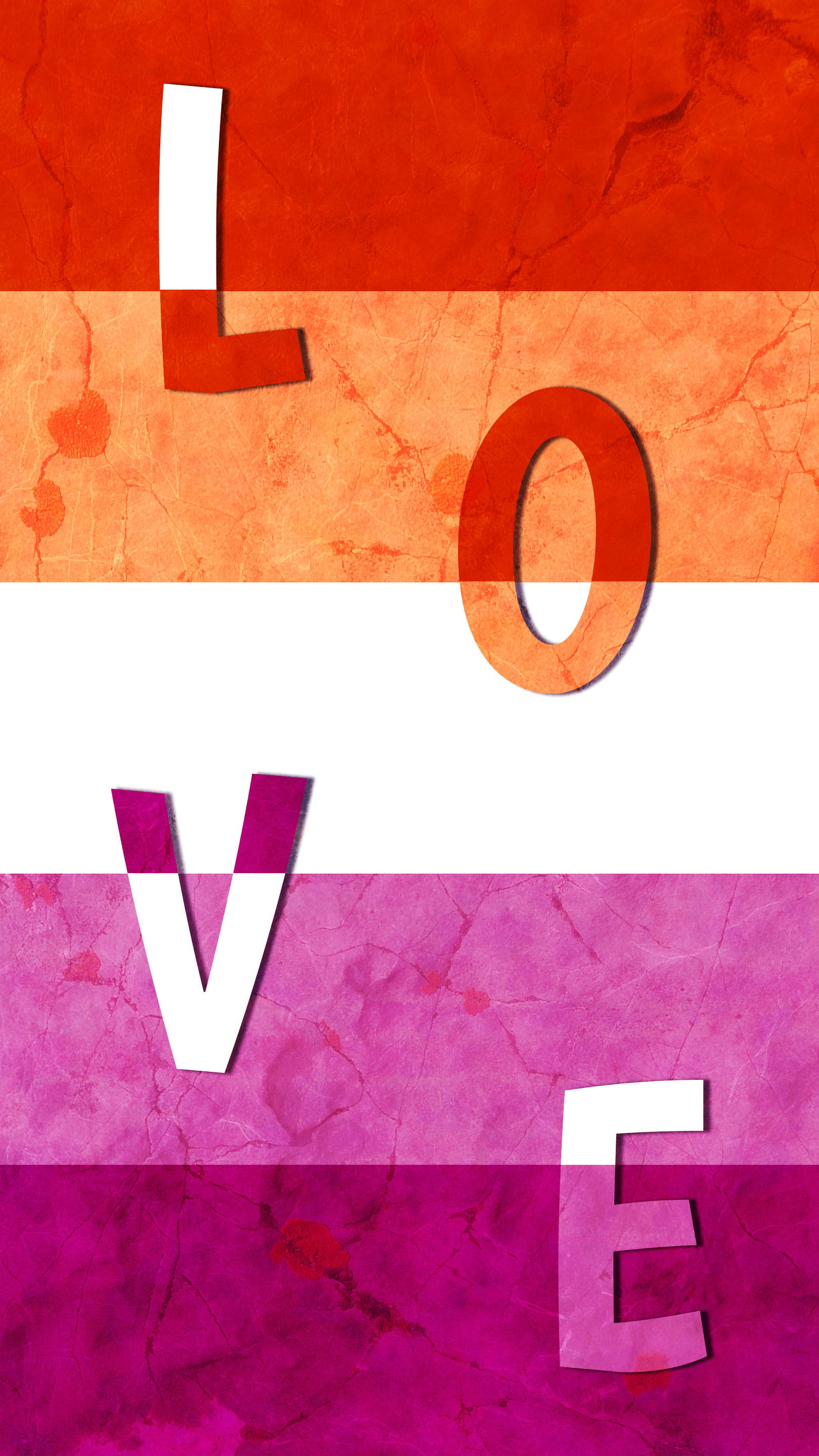 Lesbian Flag 桌布 壁紙 — 「LOVE」這個詞以粗體白色字母垂直拼寫，背景是紅色、橙色、白色和洋紅色條紋的紋理漸變。