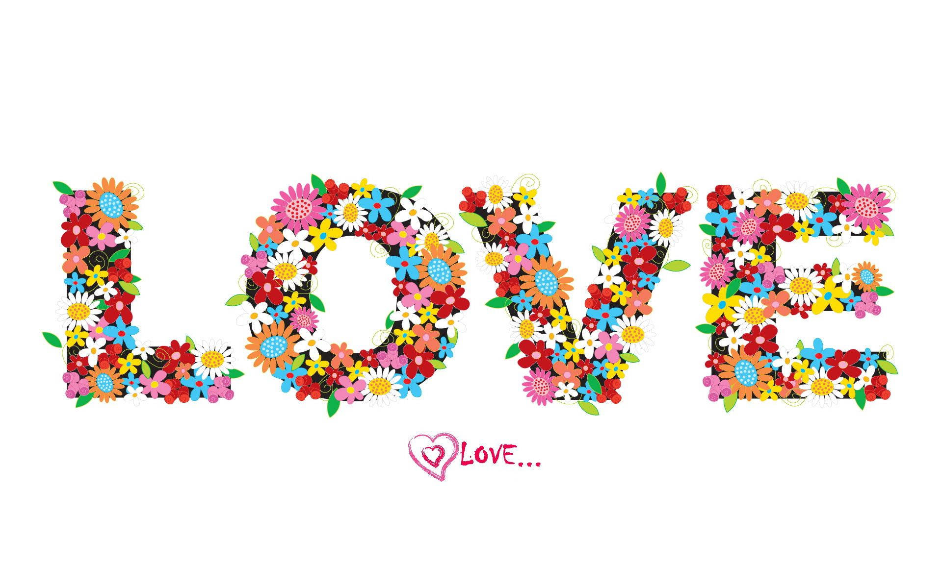 愛心 桌布 壁紙 — 「LOVE」這個詞由色彩繽紛的花朵和綠葉組成的充滿活力的馬賽克構成，背景是乾淨的白色。