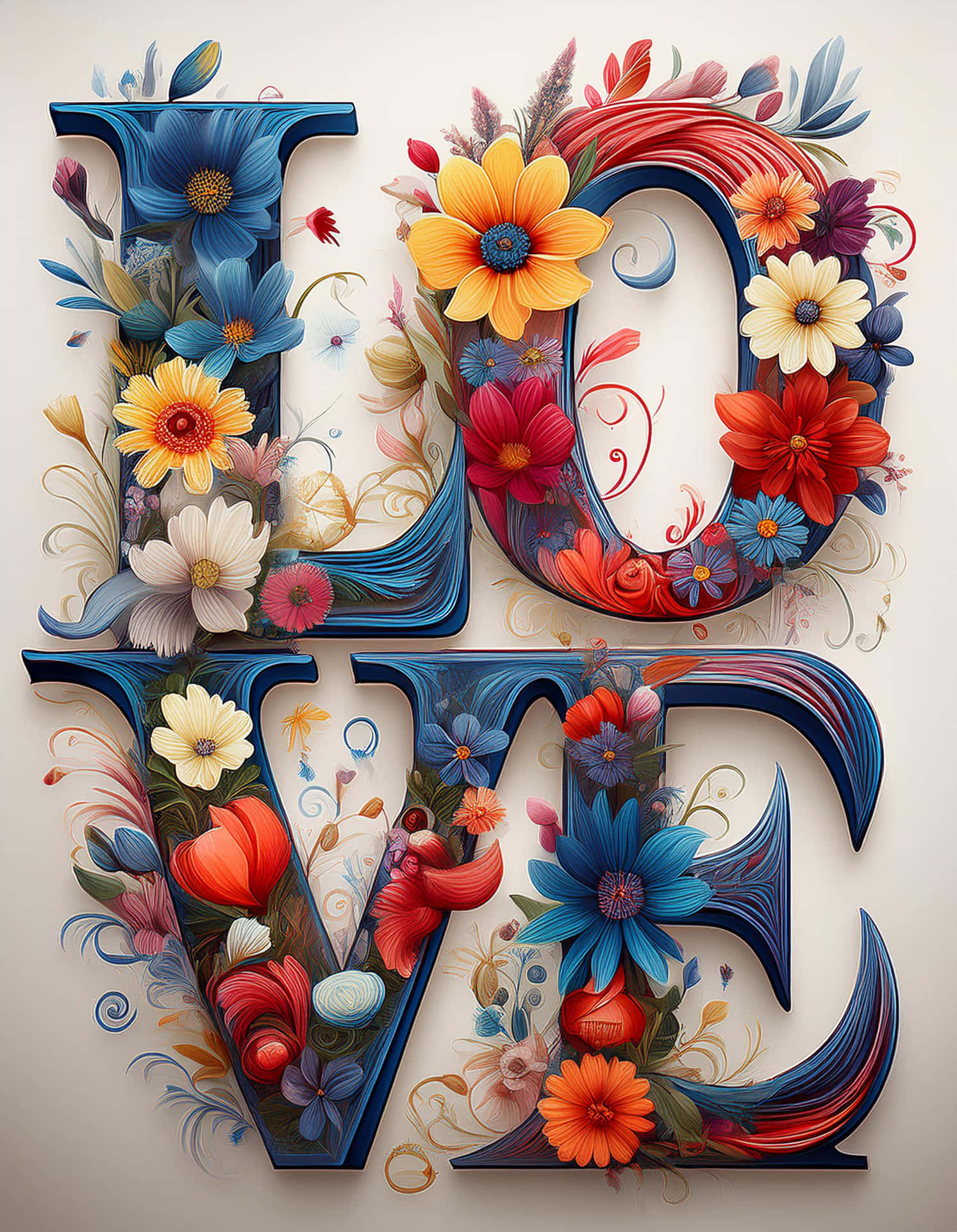 Colorful Love Typography with Flowers 壁紙 — 「LOVE」這個詞由華麗的藍色字母組成，充滿了鮮豔的紅色、橙色、黃色和白色的花朵以及旋轉的樹葉。