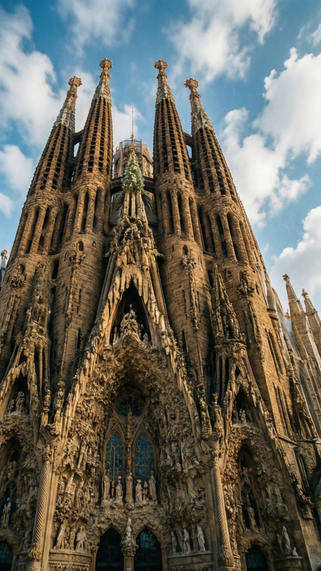 Sagrada Familia Spires 壁紙 — 從低角度欣賞聖家堂華麗的石砌外牆，高聳的尖塔襯托著藍天和白雲。