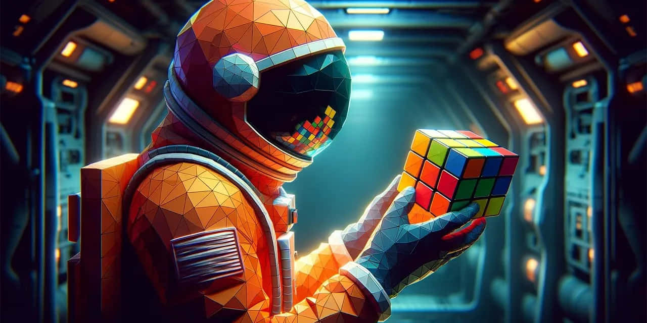  壁紙 — 一個低多邊形風格的太空人穿著橙色太空衣，在未來風格的太空船走廊中拿著一個色彩繽紛的魔術方塊。
