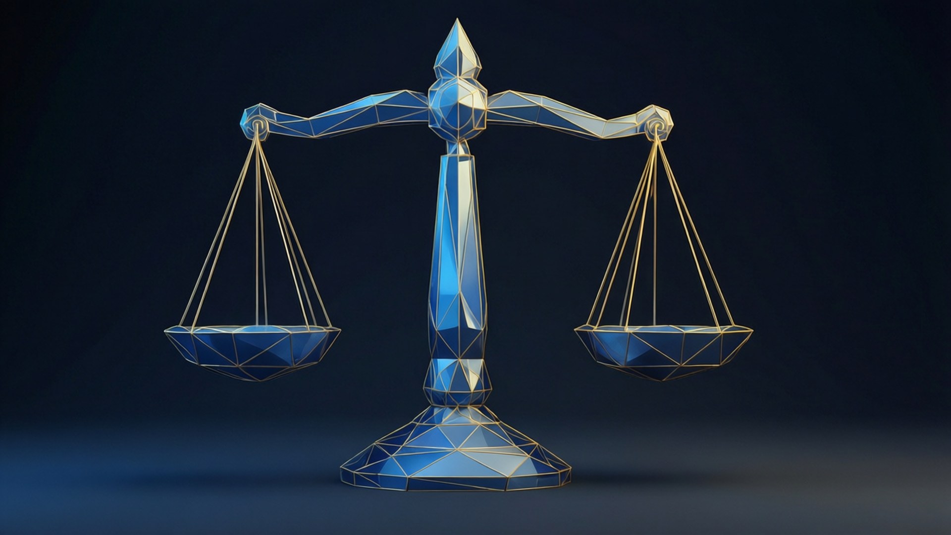 Low Poly Libra 壁紙 — 一個低多邊形藍色和金色的正義天秤在深色漸變背景上保持平衡。