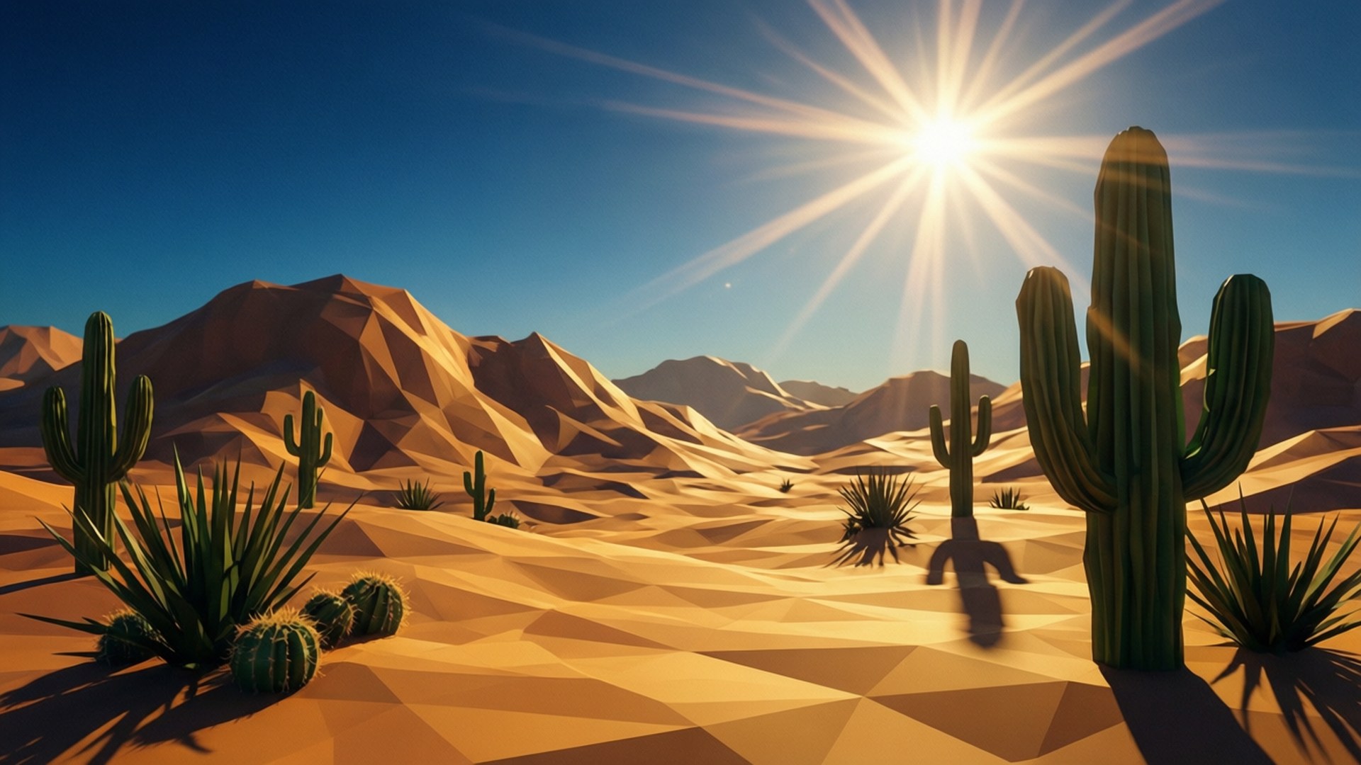 Polygonal Desert Sun 壁紙 — 低多邊形沙漠場景，有仙人掌和山脈，明亮的太陽散發出星爆光芒。