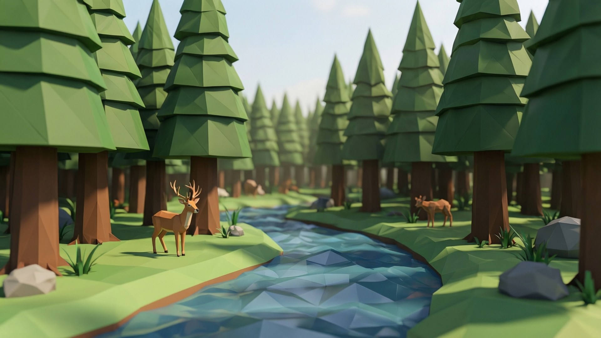 Low Poly Forest Serenity 壁紙 — 一個低多邊形森林場景，有幾何綠色樹木、一隻鹿在蜿蜒的藍色河流旁，以及遠處的動物在明亮的天空下。