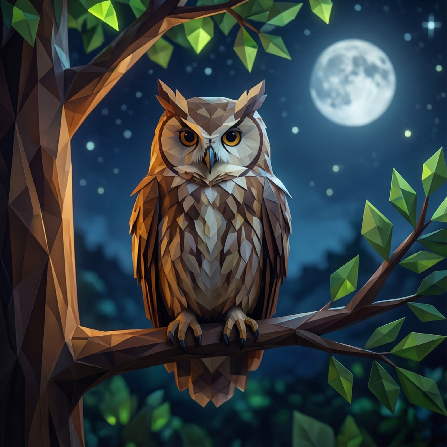 Owl at Dusk 壁紙 — 一隻低多邊形貓頭鷹，琥珀色眼睛，棲息在滿月下的樹枝上，背景是星空夜晚的森林。