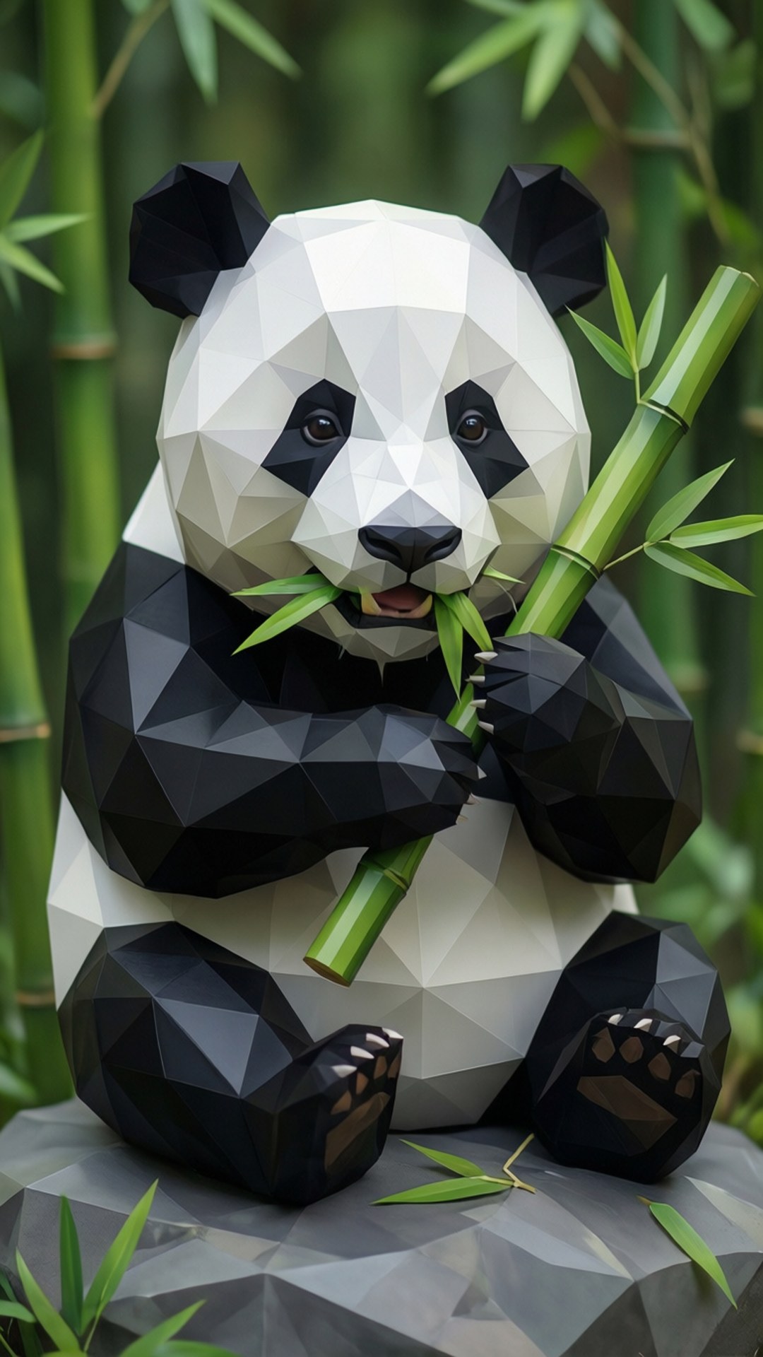 Low Poly Panda Eating 壁紙 — 一個低多邊形熊貓雕塑坐在岩石上，周圍是綠色竹莖，正在咀嚼竹子。