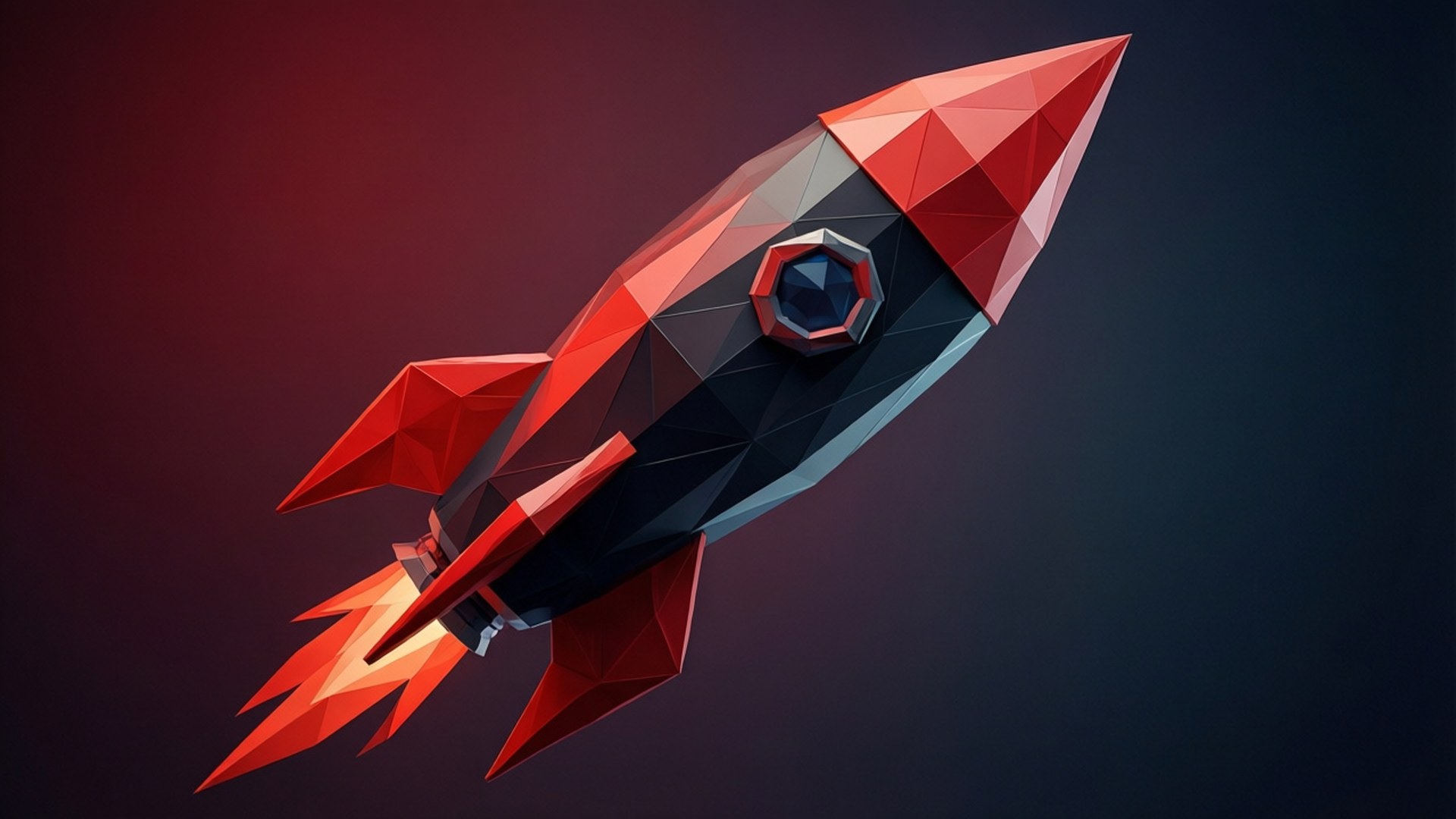 Low-Poly Rocket 壁紙 — 一艘低多邊形火箭船，帶有紅色和黑色面，在從紅色到深藍色的漸變背景上發射。