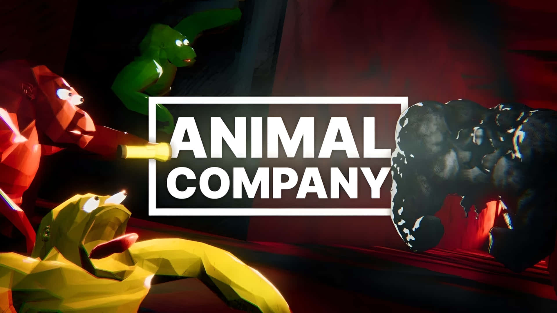 壁紙 — 低多邊形風格的動物以紅色、綠色和黃色在中央的「ANIMAL COMPANY」標誌周圍激烈碰撞。