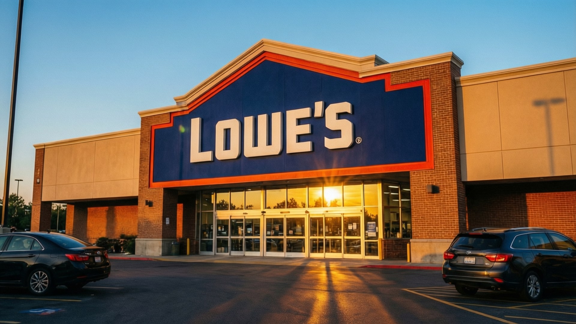 Golden Hour Storefront 壁紙 — Lowe's 五金店外觀沐浴在金色夕陽光中，前面停著汽車。