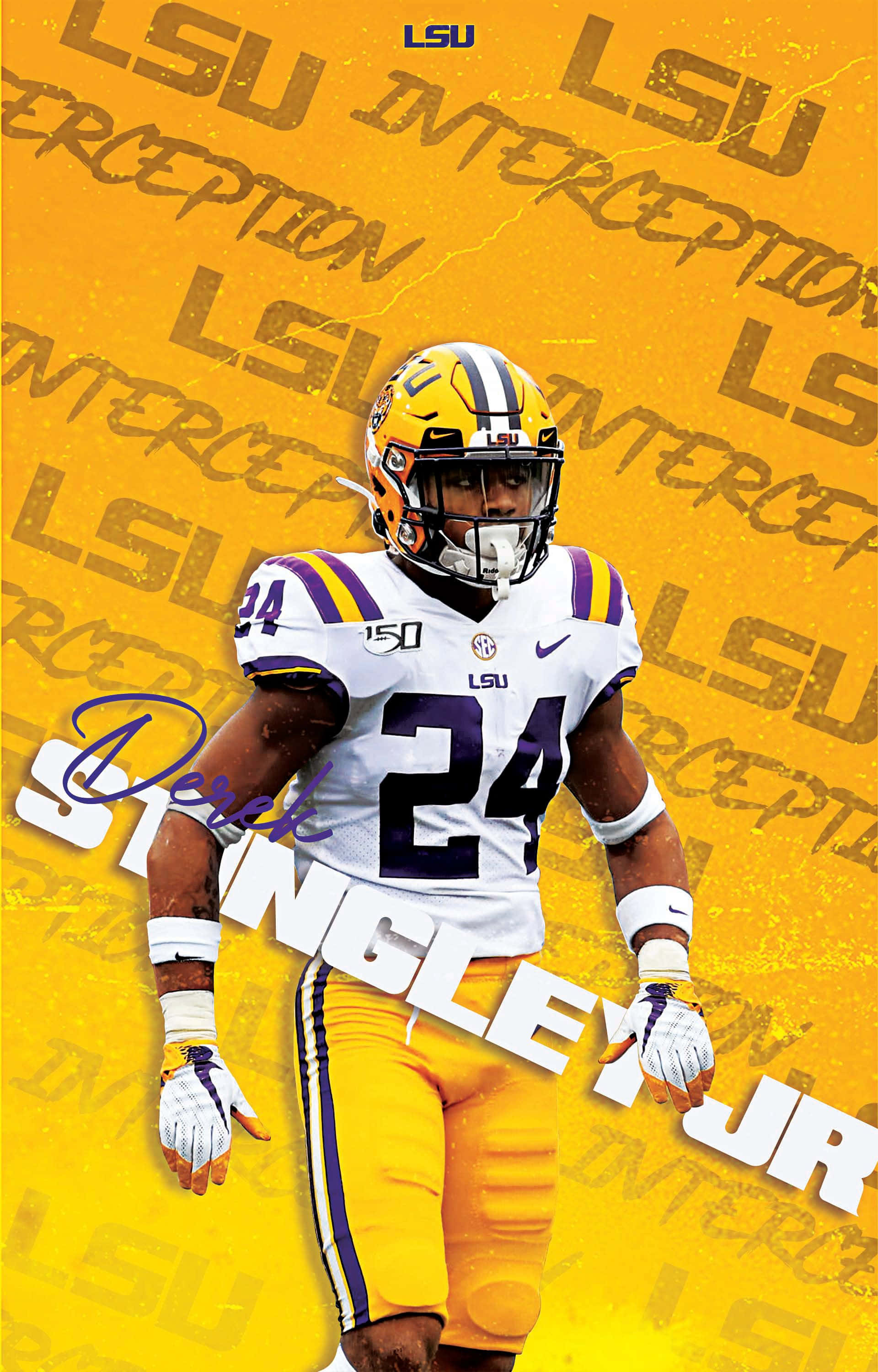 Lsu Tigers 桌布 壁紙 — LSU 足球員 Derick Singleton Jr. 身穿白色和金色制服，自信地站在充滿活力的黃色背景前，背景上重複著「LSU INTERCEPTION」文字。