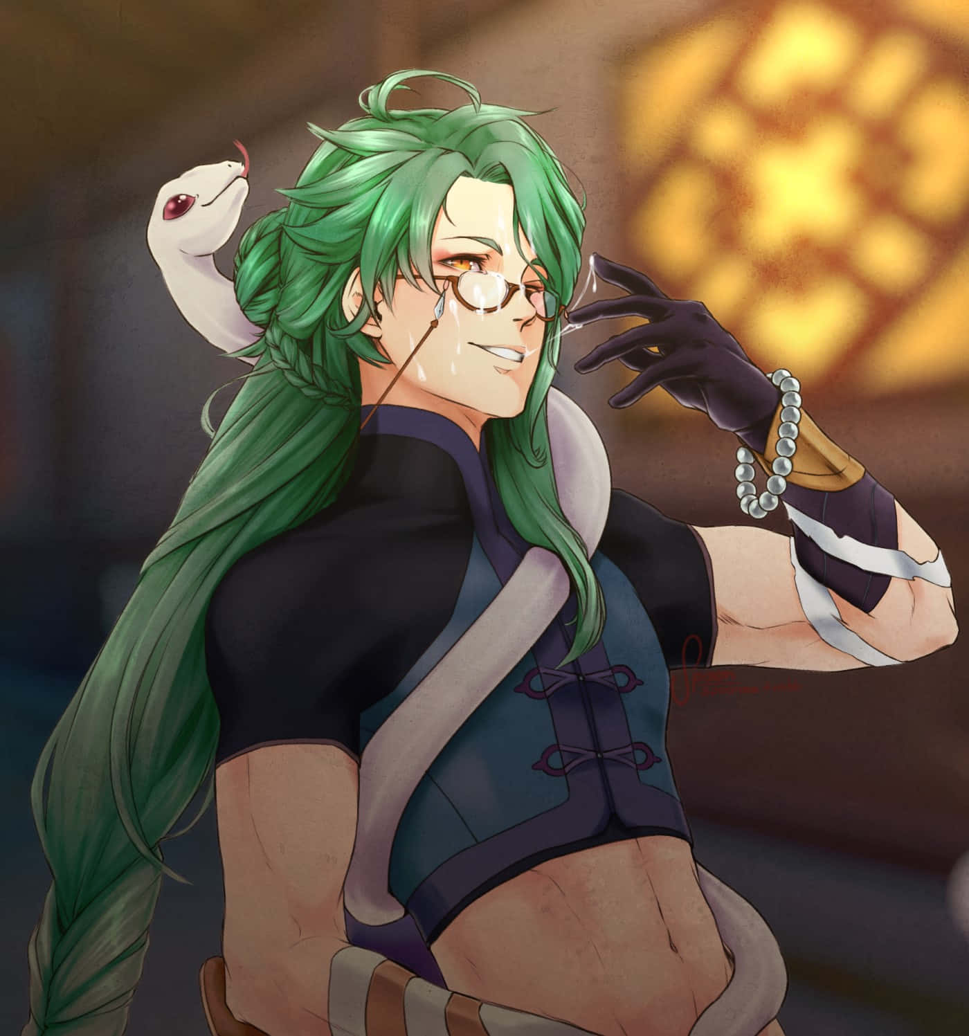 壁紙 — 一位綠髮動漫男子戴著眼鏡，肩上有一條白蛇，在溫暖的燈光下抽煙。