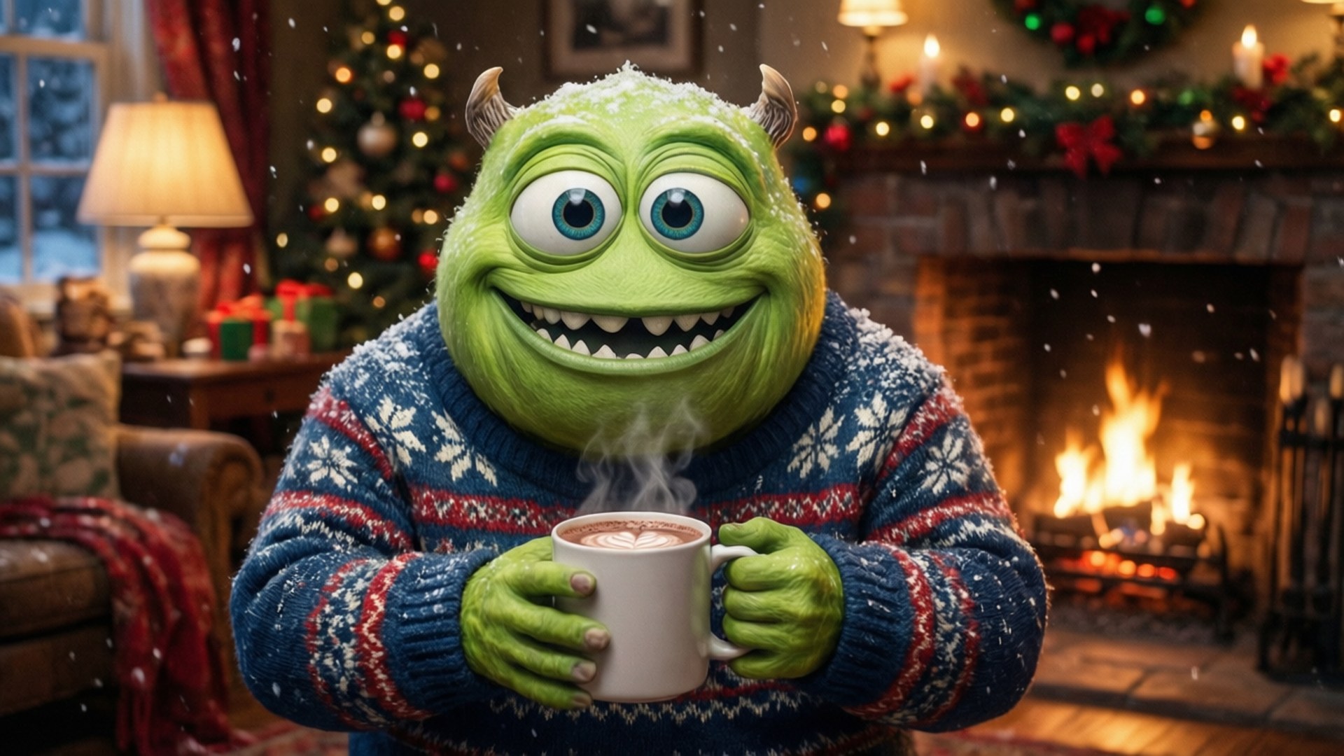 Cozy Winter Mike 壁紙 — 一隻綠色獨眼怪物穿著節日毛衣，在舒適的壁爐旁拿著冒煙的杯子，外面下著雪。