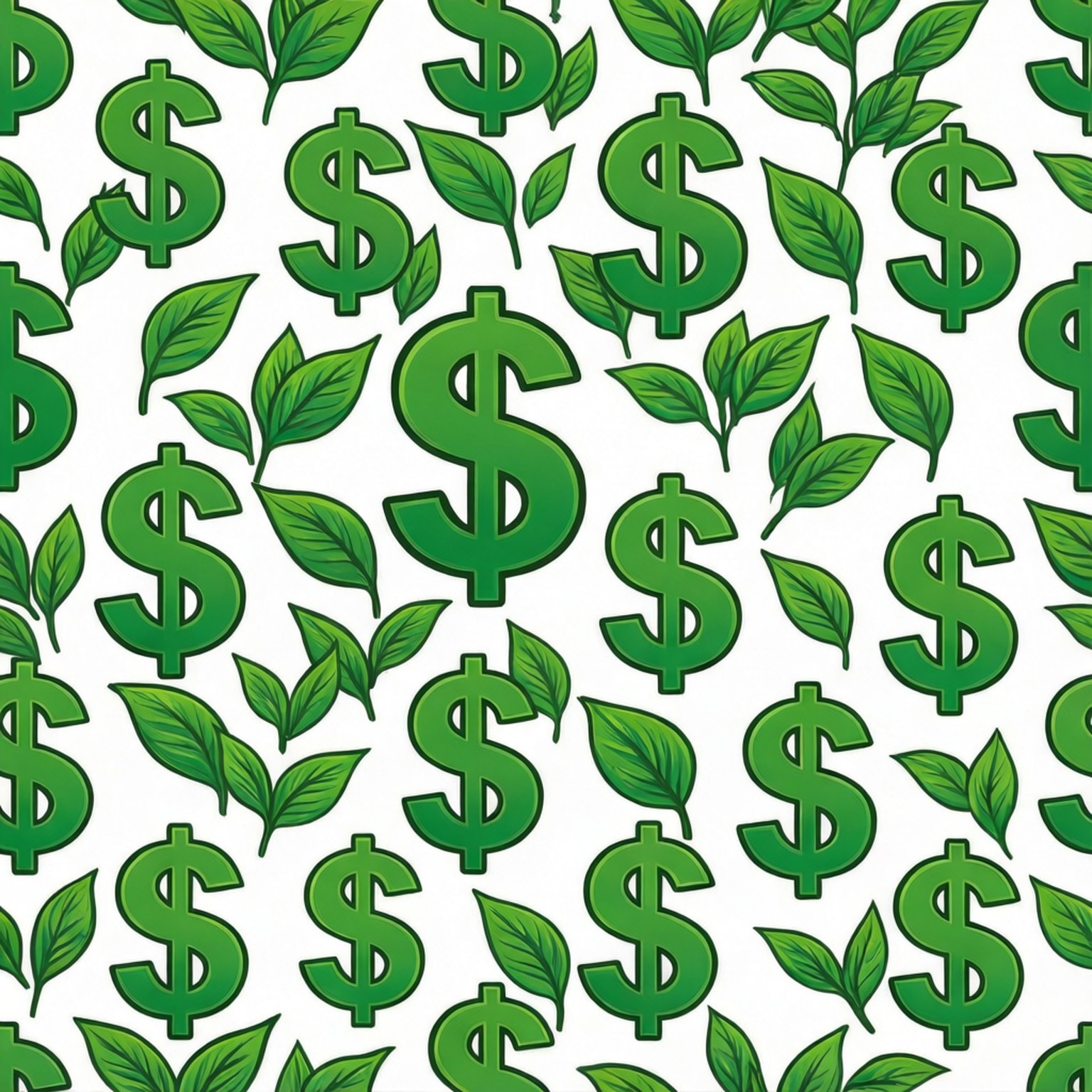 Dollar Leaf Pattern 壁紙 — 綠色美元符號和葉子在白色背景上以乾淨的圖案重複。