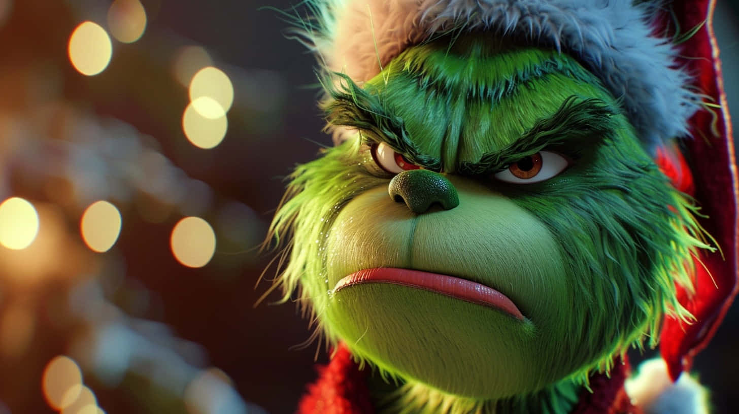  壁紙 — 綠色聖誕怪傑 Grinch 戴上聖誕帽的近距離特寫，背景有節日散景燈光。