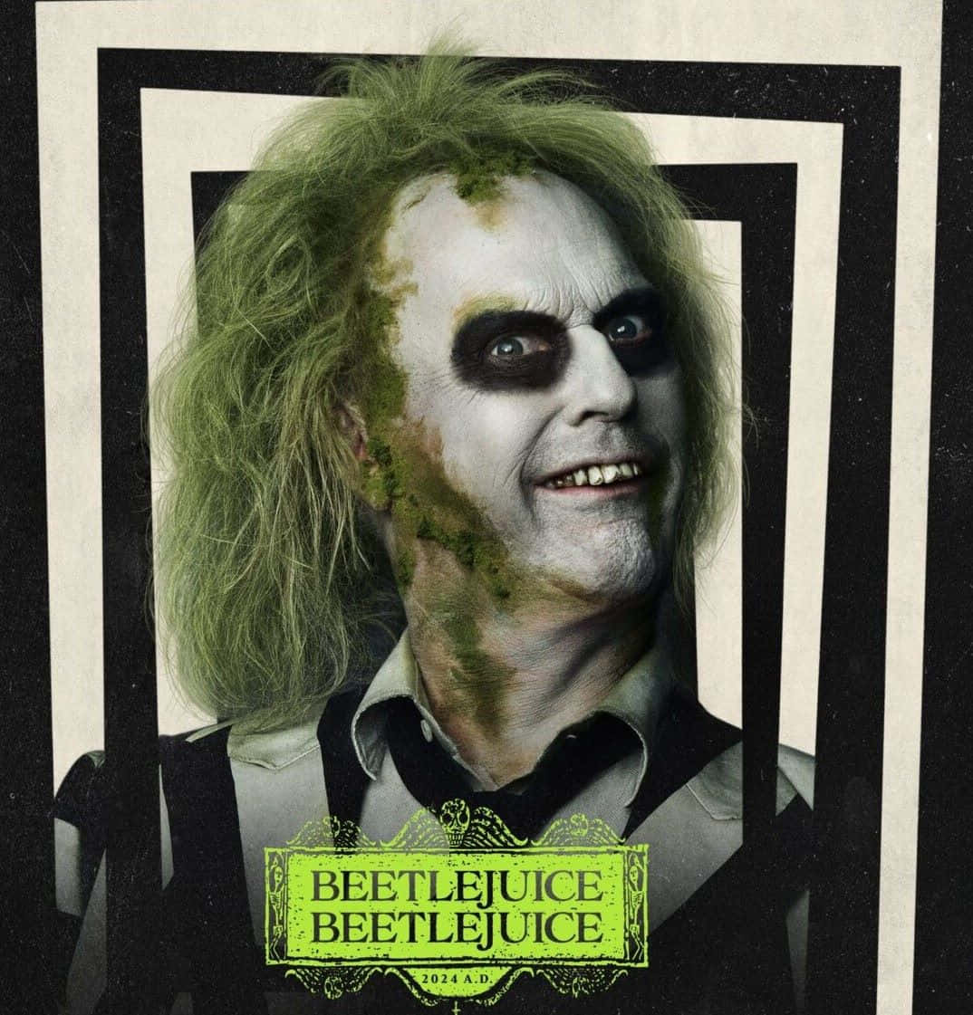  壁紙 — 綠色頭髮、白色臉部彩繪的Beetlejuice，透過黑白條紋框架凝視著。