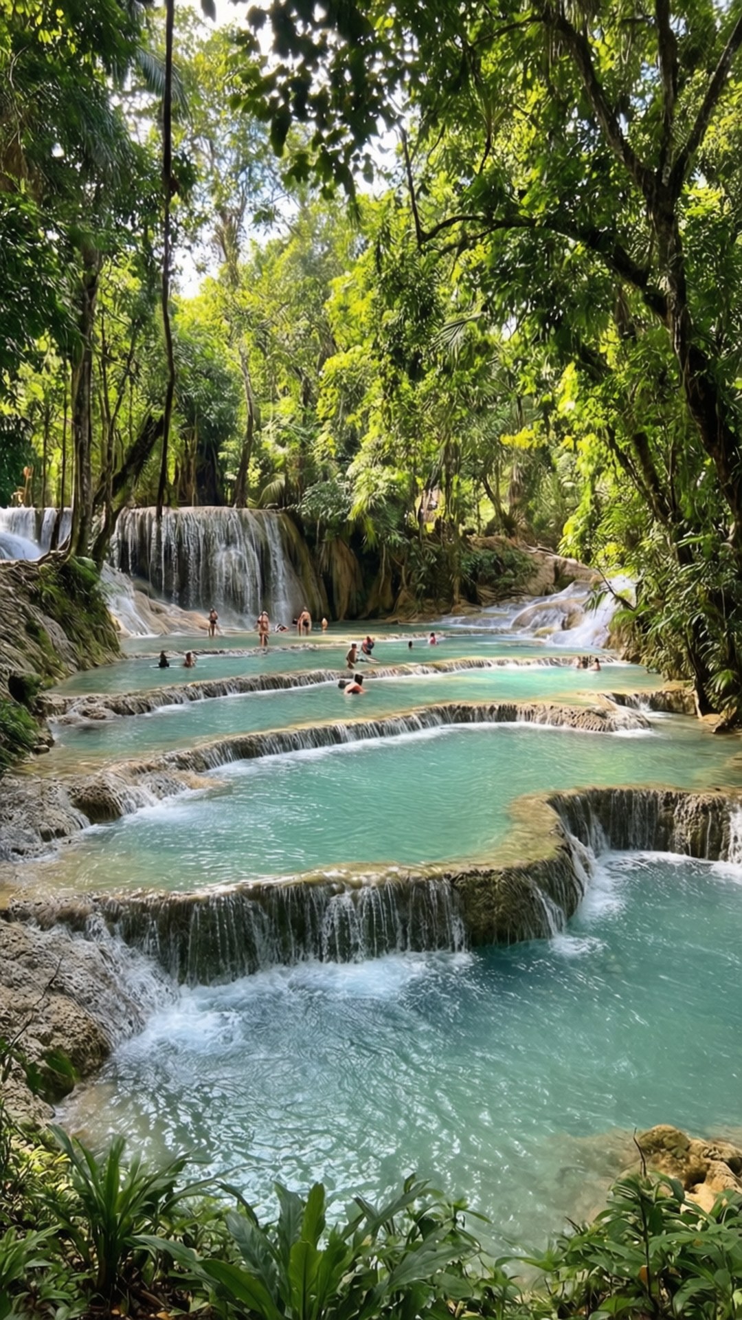 Kawasan Falls Paradise 壁紙 — 綠松石色的層疊瀑布流經茂密的綠色叢林，人們在天然泳池中游泳。