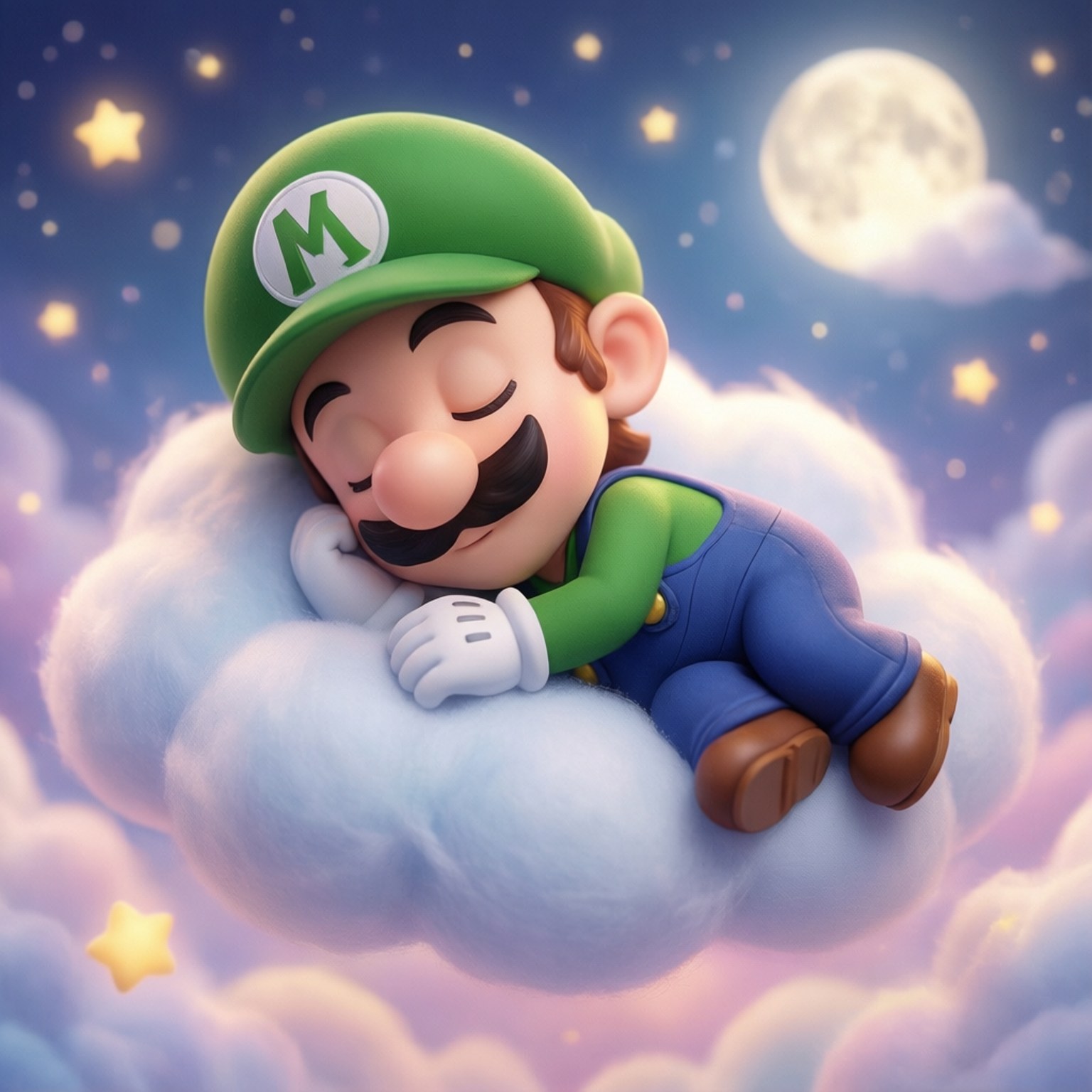 Luigi 桌布 壁紙 — 路易吉在滿月照耀的星空下，在 fluffy 雲上安詳地睡覺。