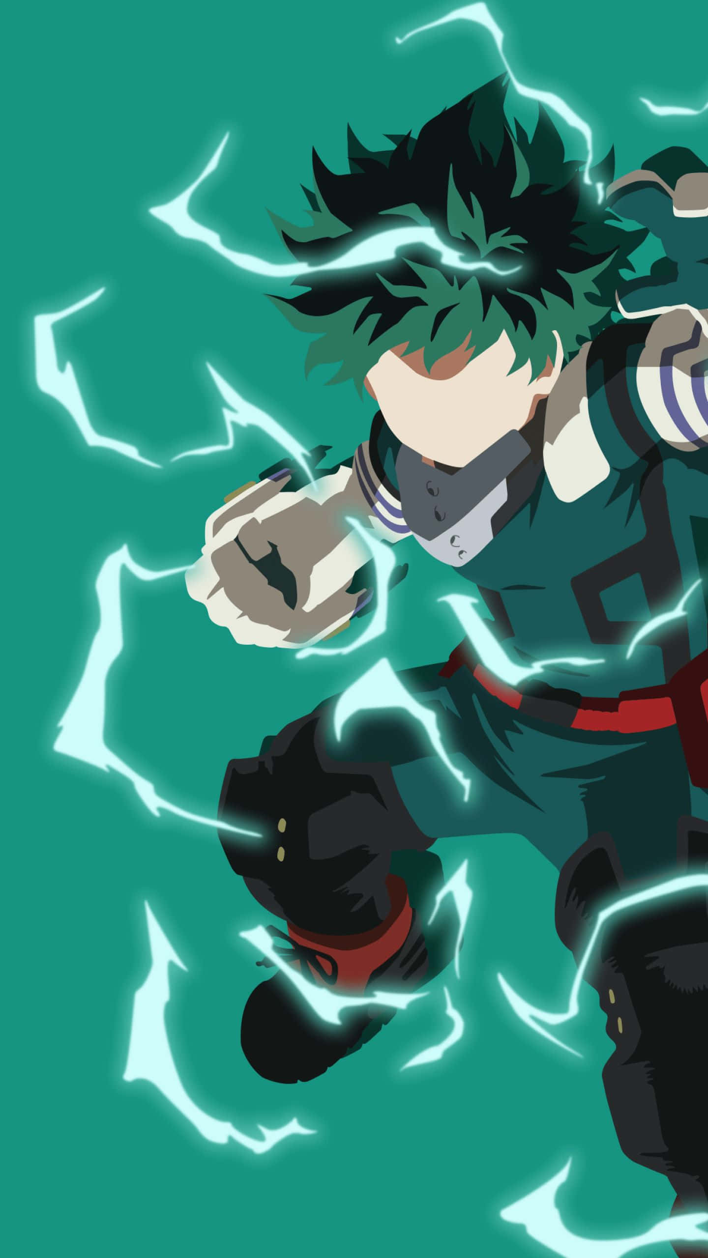 Dark Deku 桌布 壁紙 — 綠髮動漫英雄，周圍有發光的閃電，以動態姿勢站在青綠色背景前。