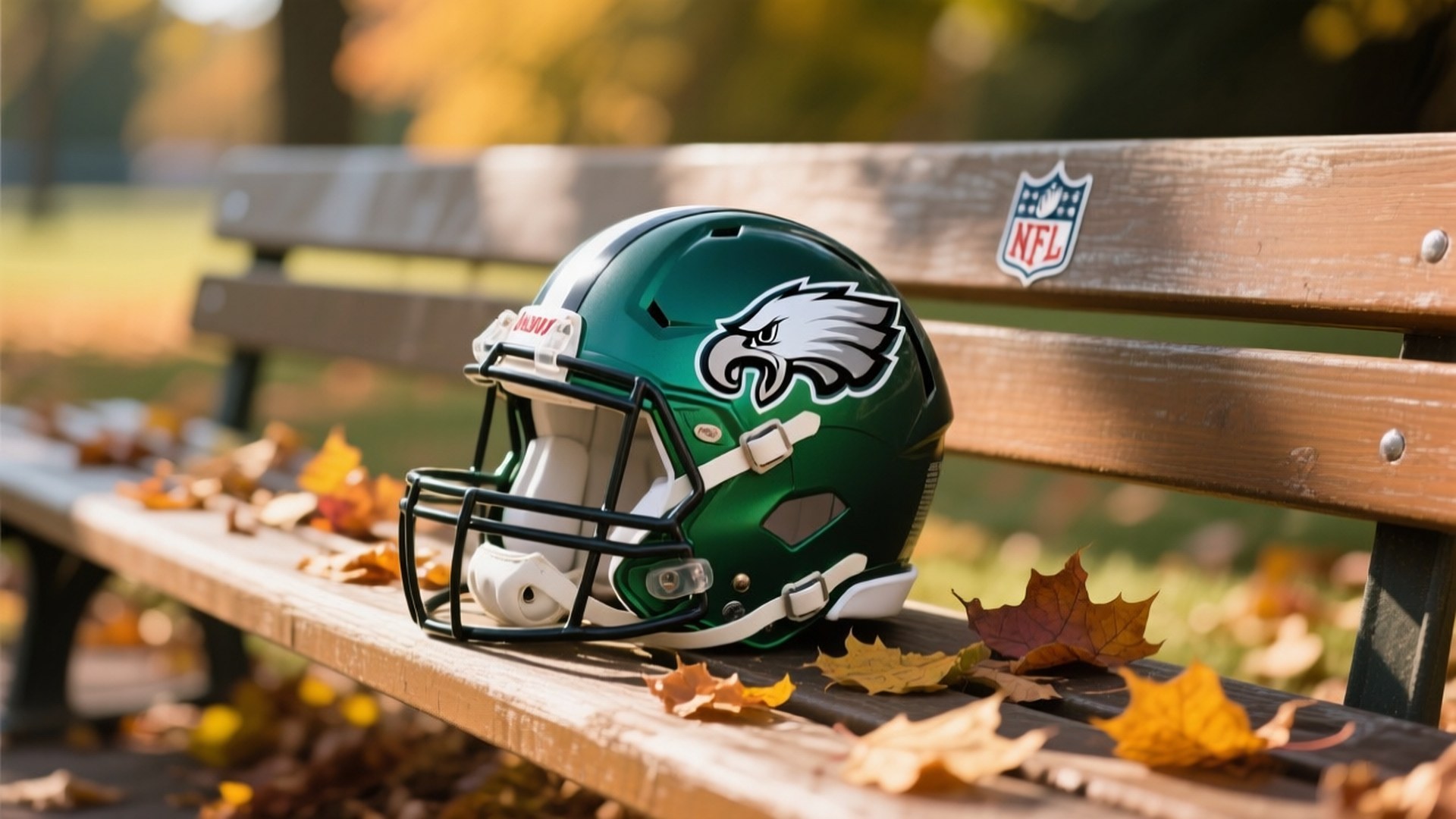Eagles Helmet on Bench 壁紙 — 一個綠色的費城老鷹NFL美式足球頭盔放在一個木長椅上，周圍散落著秋天的落葉。
