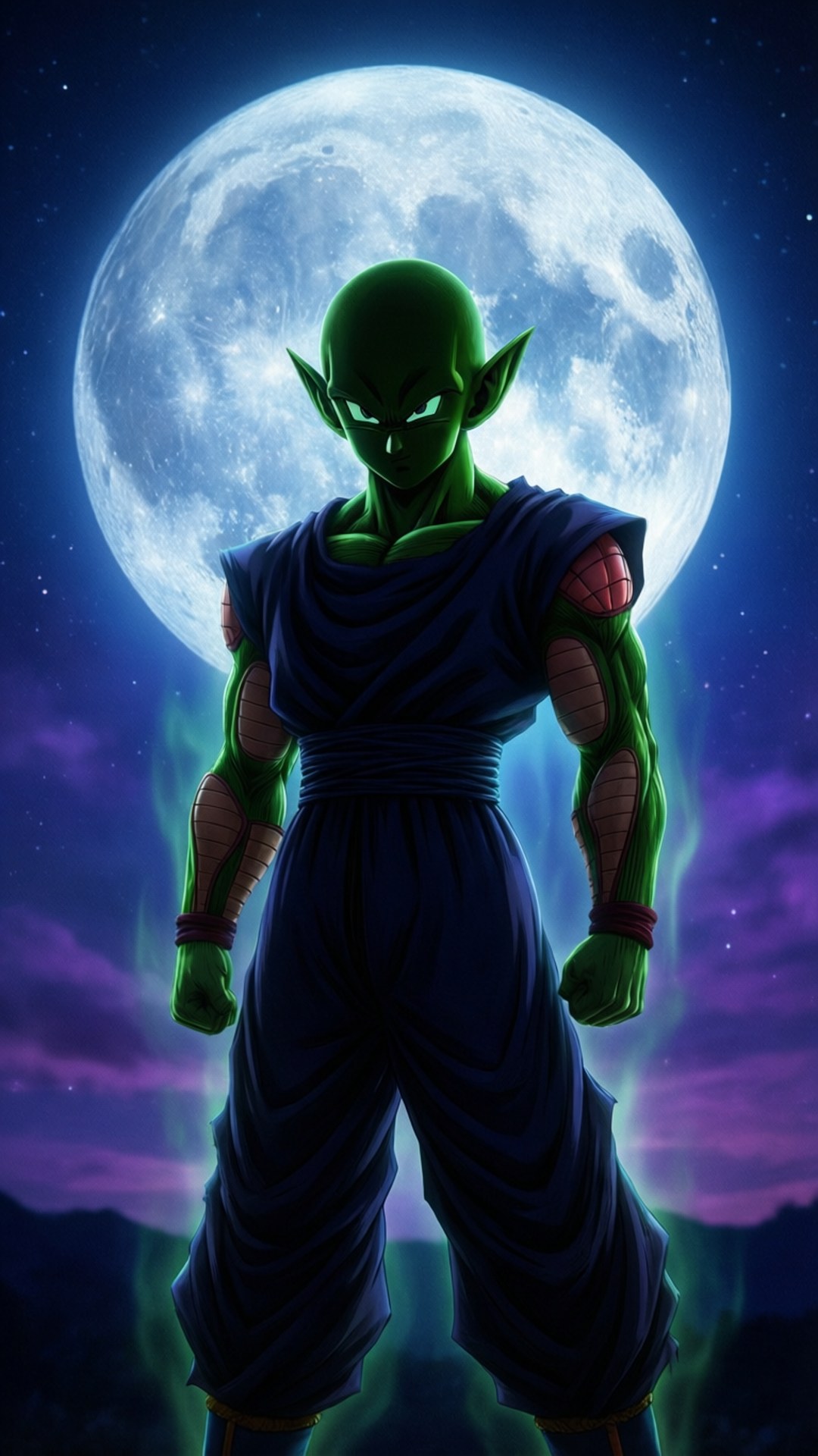 Moonlit Warrior 壁紙 — 一個綠色皮膚的動漫戰士，在繁星點點的紫色天空下，挑釁地站在一個巨大的發光月亮前。