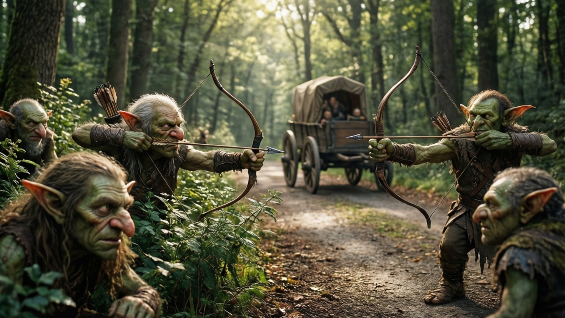 Goblin Ambush 壁紙 — 綠色皮膚、尖耳朵的哥布林用弓箭瞄準一輛穿過陽光明媚森林的馬車。