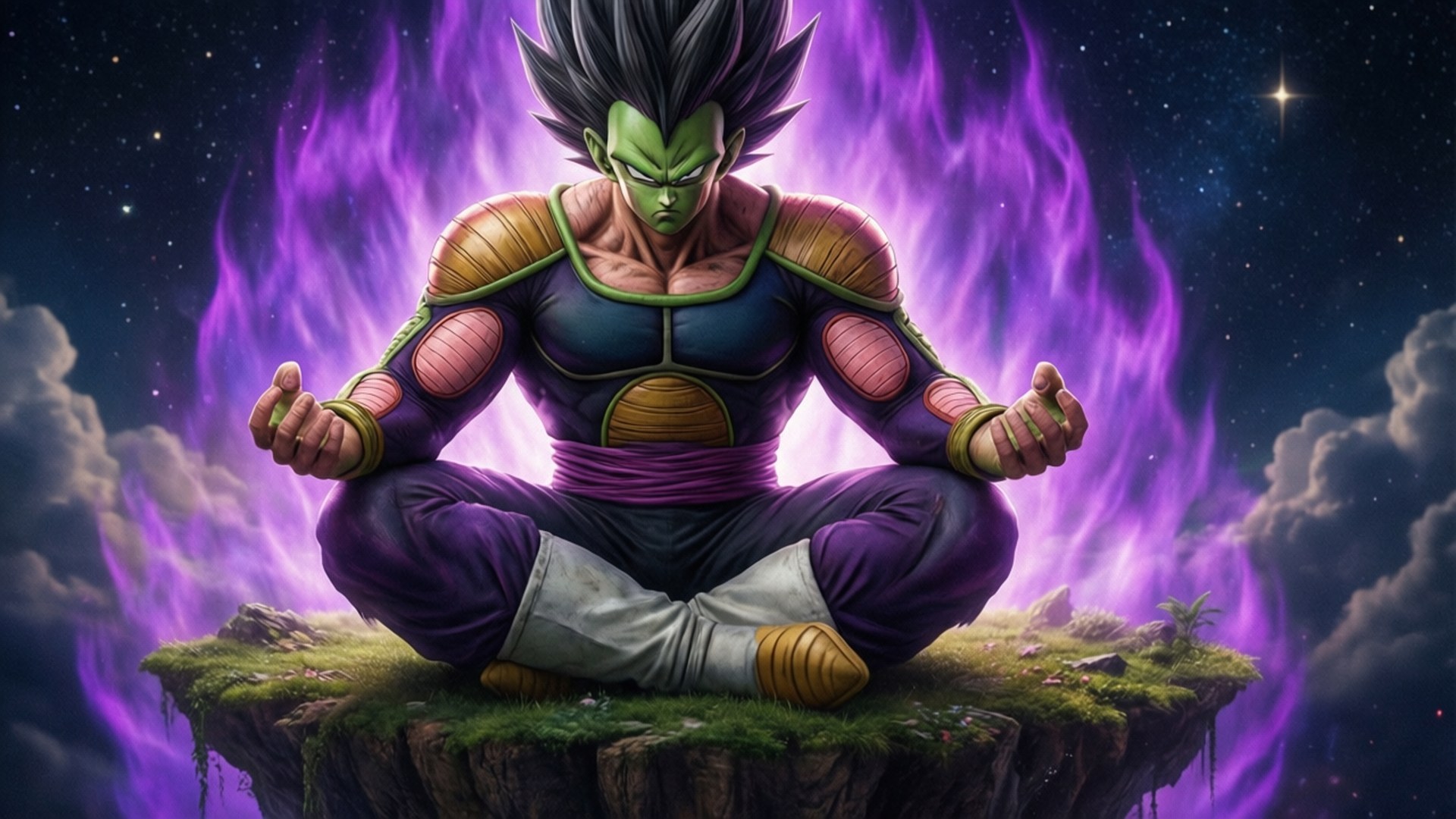 God of Destruction 壁紙 — 一個綠色皮膚的賽亞人戰士在星空下，盤腿坐在一塊長滿苔蘚的浮石上冥想，周圍環繞著紫色能量火焰。