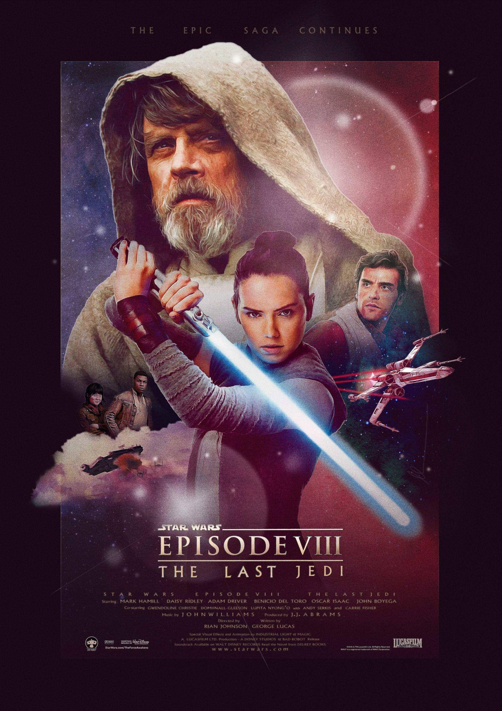 The Last Jedi Star Wars 桌布 壁紙 — Luke Skywalker 和 Rey 手持光劍，在宇宙背景下與 X-wing 戰機和星域對峙。