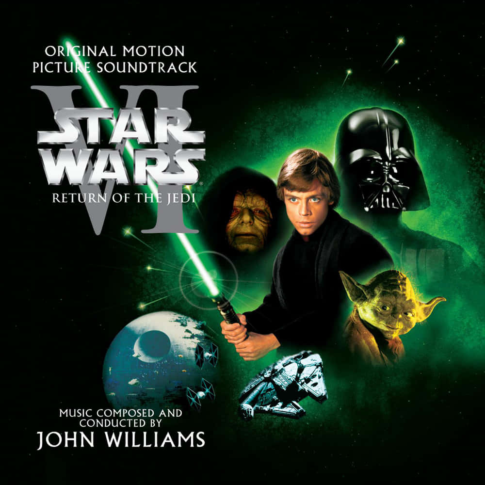 Return Of The Jedi 桌布 壁紙 — Luke Skywalker 在宇宙背景下揮舞綠色光劍對抗Darth Vader和Yoda，背景有死星和千年鷹號。