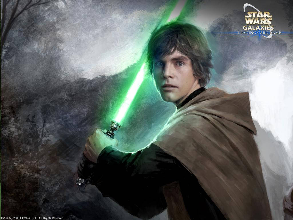 Star Wars Space 桌布 壁紙 — Luke Skywalker 在暴風雨灰色背景和霧氣山巒前揮舞發光綠色光劍。