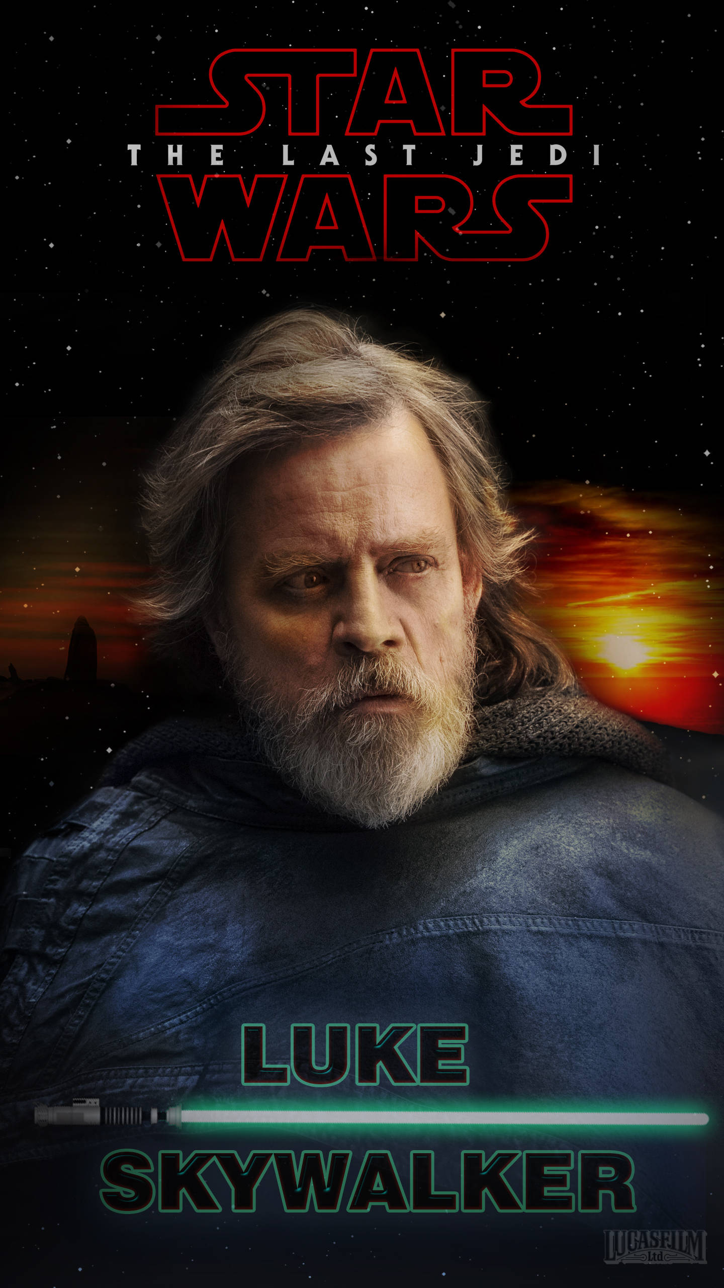 Star Wars Luke Skywalker 4K 桌布 壁紙 — Luke Skywalker 在熾熱的日落背景下莊嚴地凝視，他的光劍在《星際大戰：最後的絕地武士》海報中他的名字下方發光。