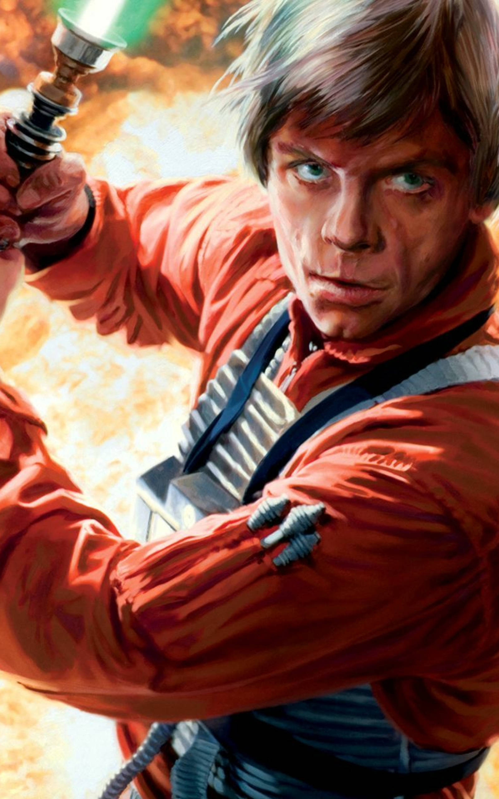 星際大戰 桌布 壁紙 — Luke Skywalker 在熾熱的橙色背景下，專注地揮舞著綠色光劍。