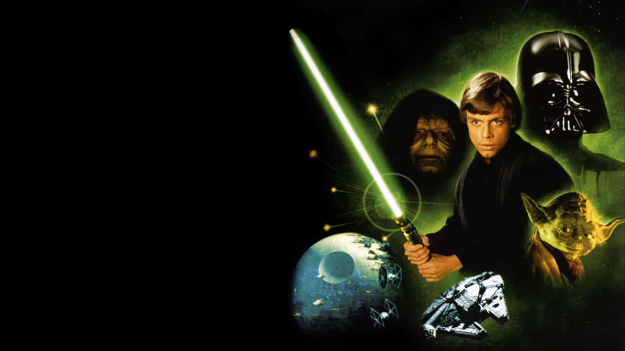 星際大戰 桌布 壁紙 — Luke Skywalker 手持綠色光劍，背後黑暗背景中閃耀著 Darth Vader、Yoda 和死星。