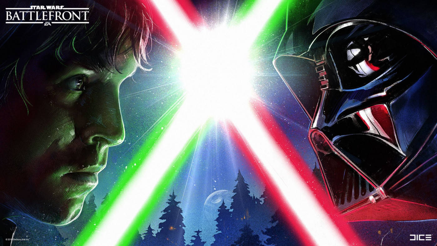 電玩遊戲 桌布 壁紙 — Luke Skywalker 與 Darth Vader 在戲劇性的光劍決鬥中對峙，交叉的劍刃照亮了森林夜晚的場景。