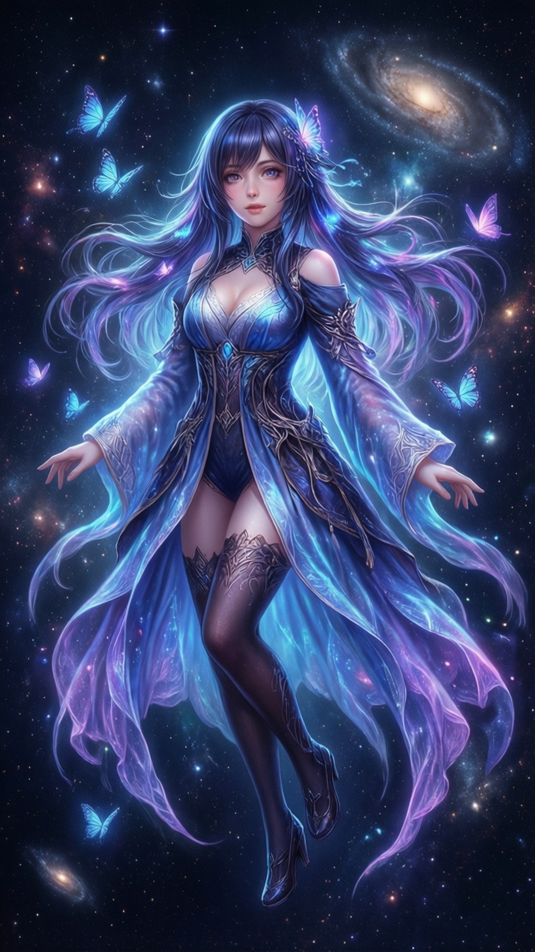 一位藍髮女子穿著閃爍長袍，在太空中被蝴蝶和星系環繞漂浮。 — 崩壞：星穹鐵道 壁紙