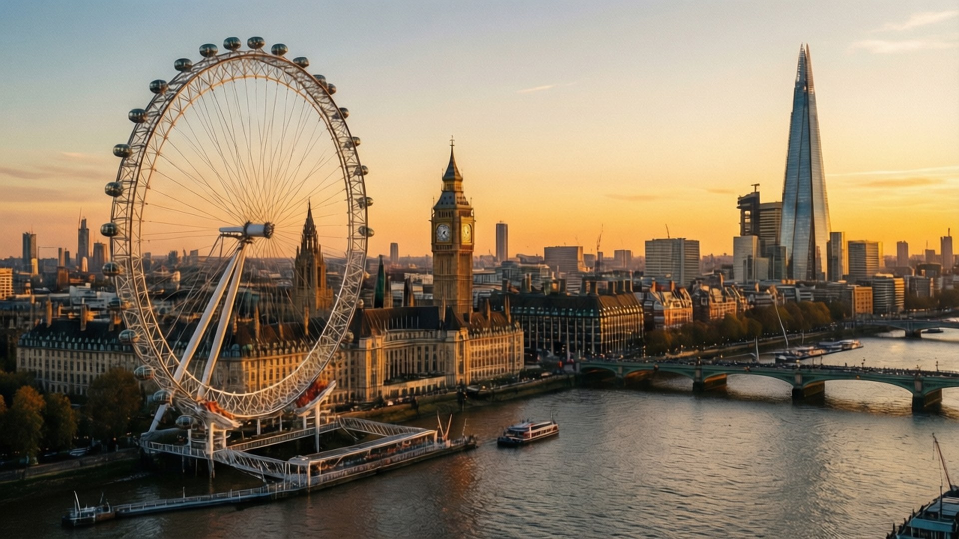 Golden Hour London 壁紙 — 倫敦天際線在黃金時刻，倫敦眼、大笨鐘和碎片塔倒映在泰晤士河中。