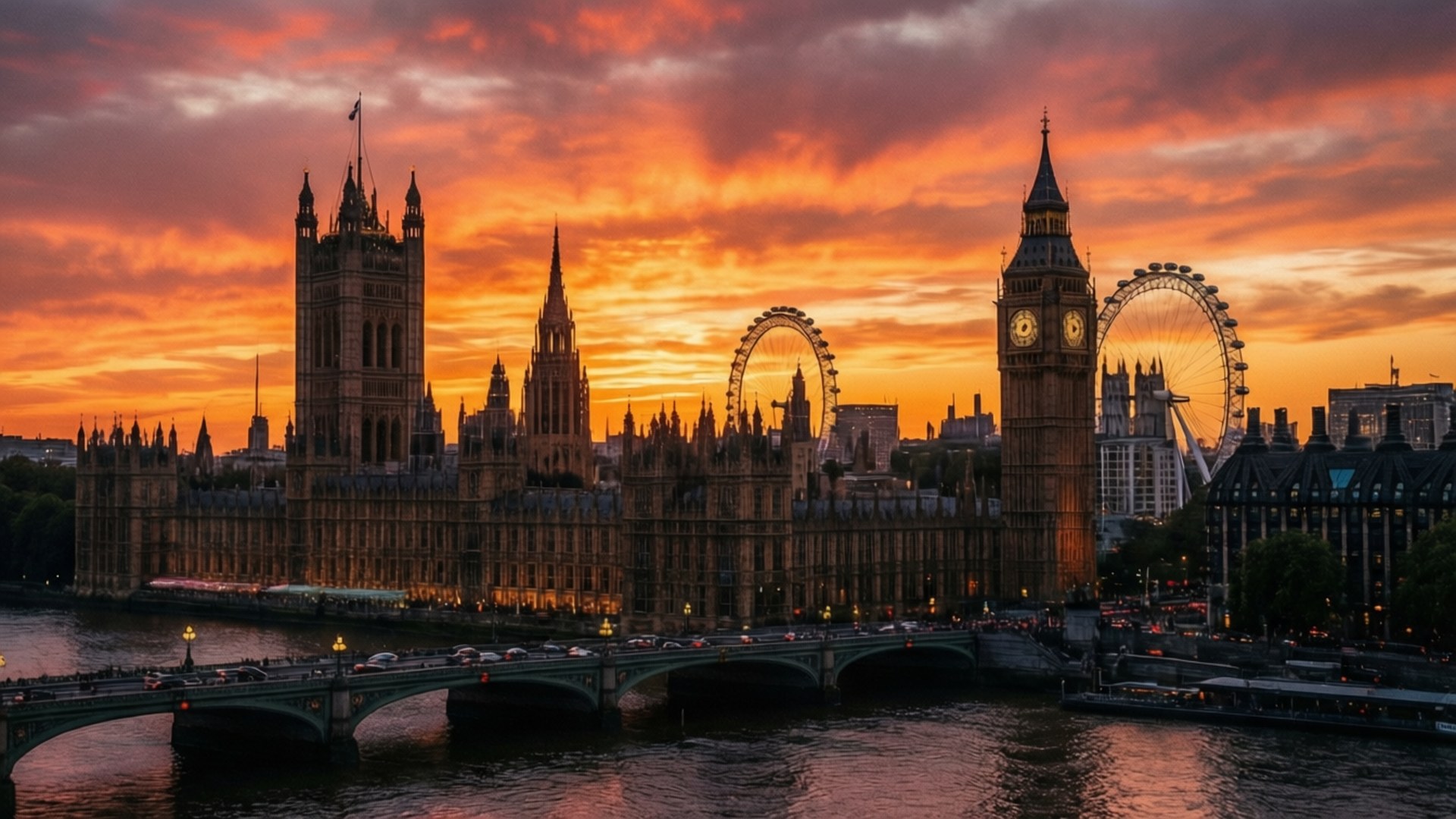 London Skyline Sunset 壁紙 — 倫敦天際線在日落時分，大笨鐘、國會大廈和倫敦眼在泰晤士河上空火紅橙雲的襯托下形成剪影。