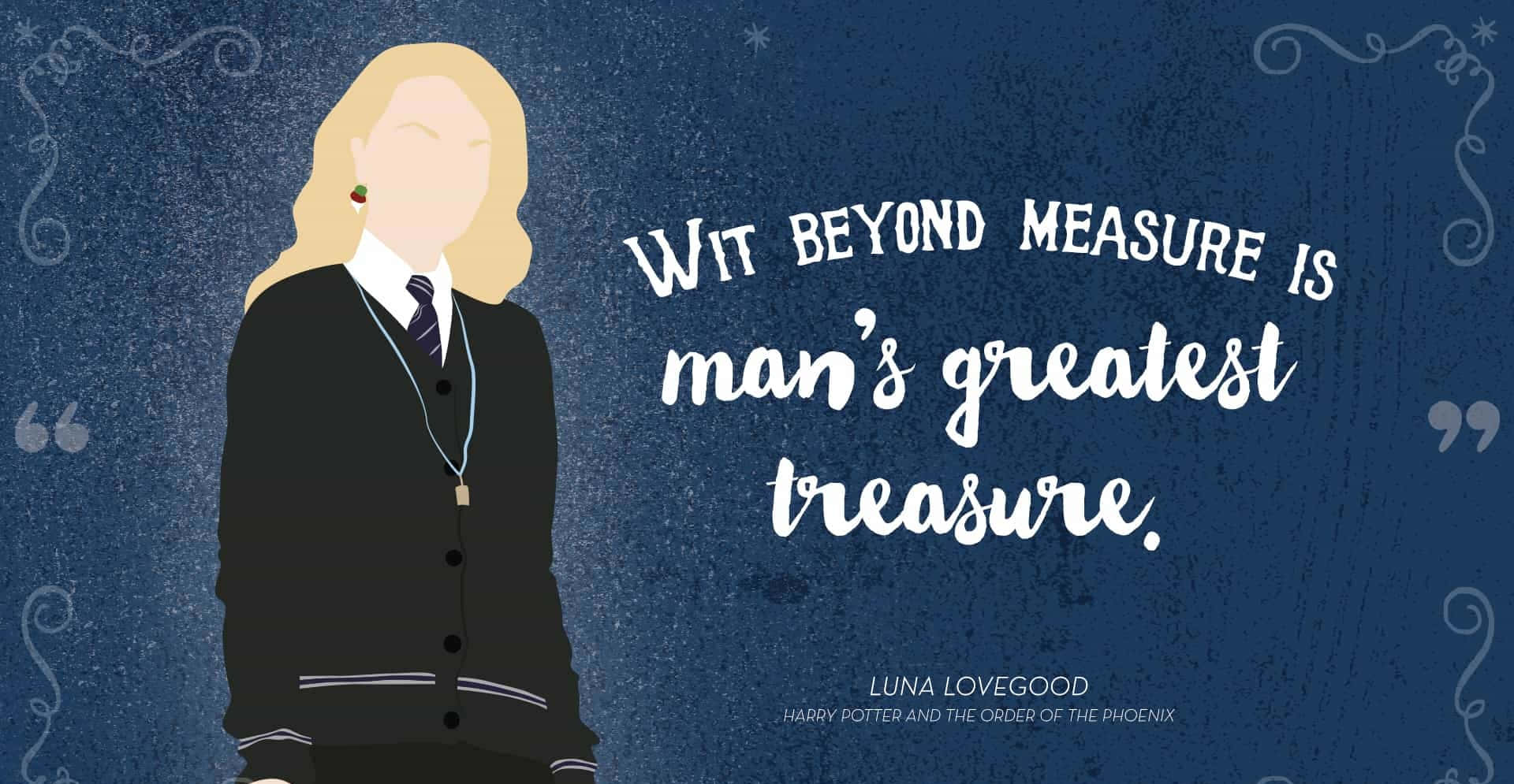 Harry Potter Quotes 桌布 壁紙 — Luna Lovegood 穿著霍格華茲制服，在帶有紋理的藍色背景上，附有機智語錄的插圖。